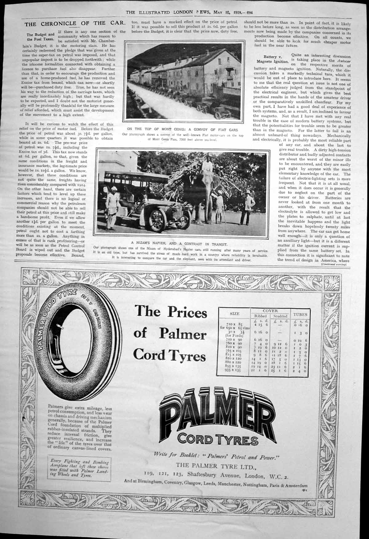 Antique Print Fiat Cars Mont Cenis Nizams Napier Car Palmer Cord Tyres 1919