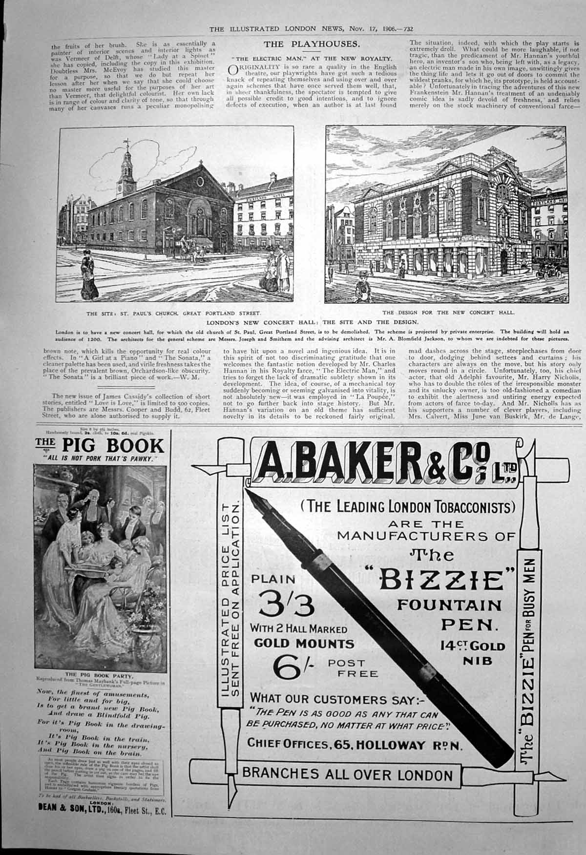 Antique Old Print Londons New Concert Hall A Baker Bizzie Fountain Pen 1906