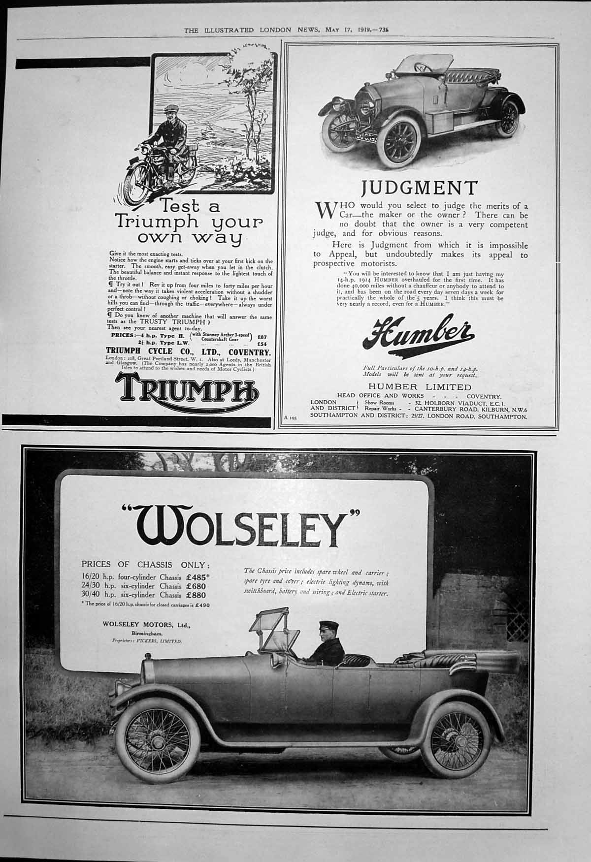 Antique Old Print Triumph Cycle Co Humber Ltd Car Wolseley Motors Ltd 1919 20th