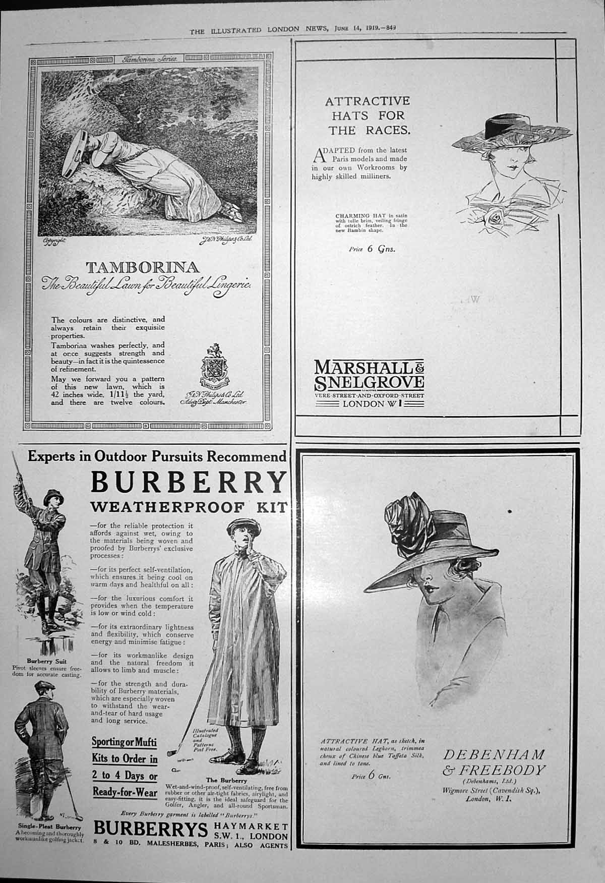 Antique Old Print Burberry WeatherproKit Marshall Snelgrove Hats Races 1919