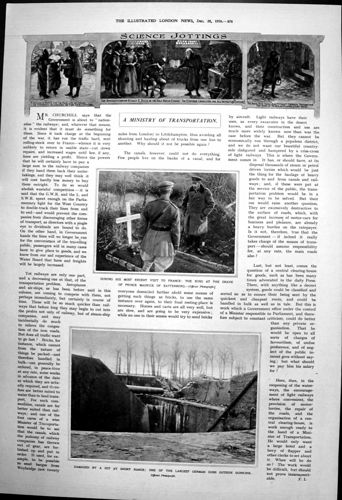 Old Print King France Grave Prince Maurice Large German Gun Dunkirk 1918 20th
