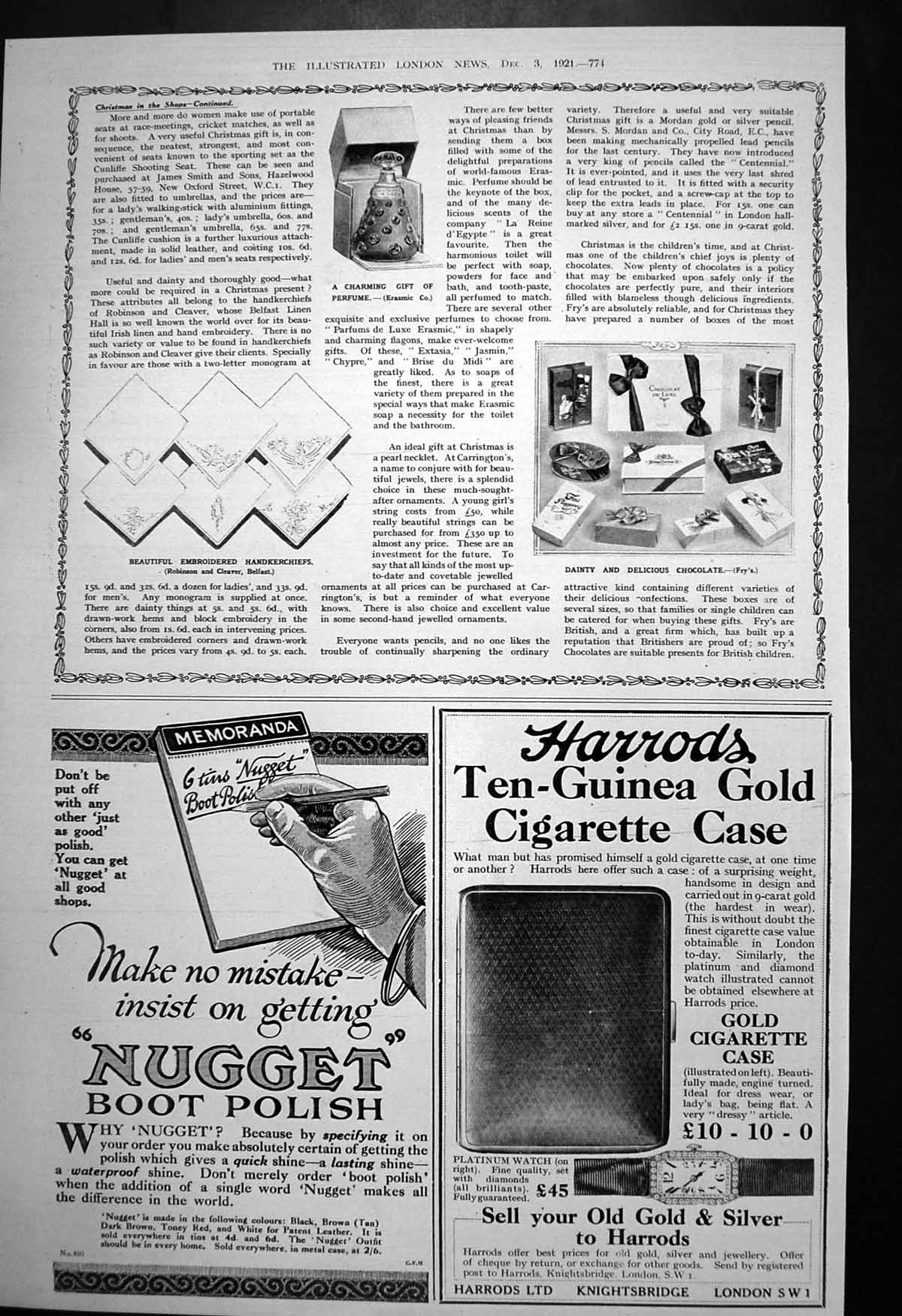 Old Print Xmas Gifts Perfume Erasmic Handkerchiefs Robinson Cleaver 1921 20th