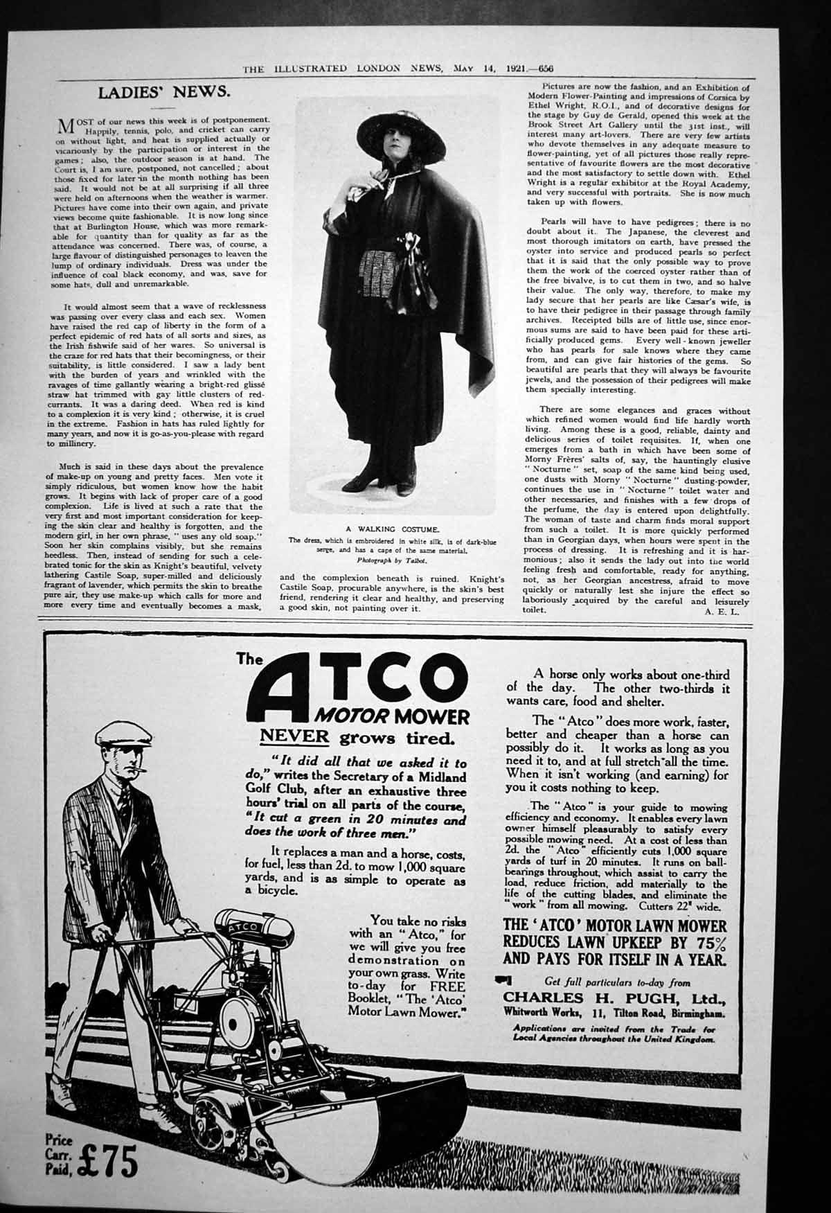 Old Vintage Print Ladies Walking Costume Atco Motor Lawn Mower ú75 1921