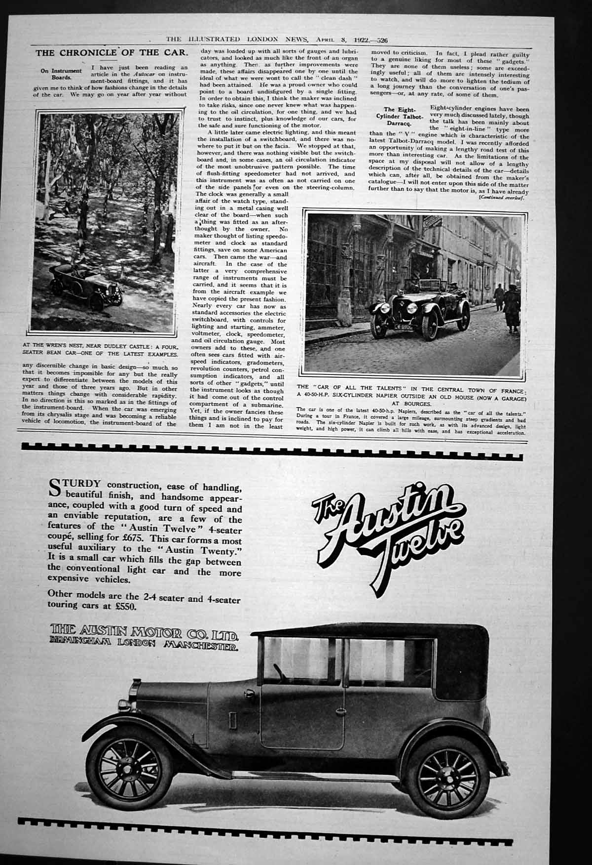 Antique Print Four Seated Bean Car Dudley Six Cylinder Napier Bourges 1922 20th