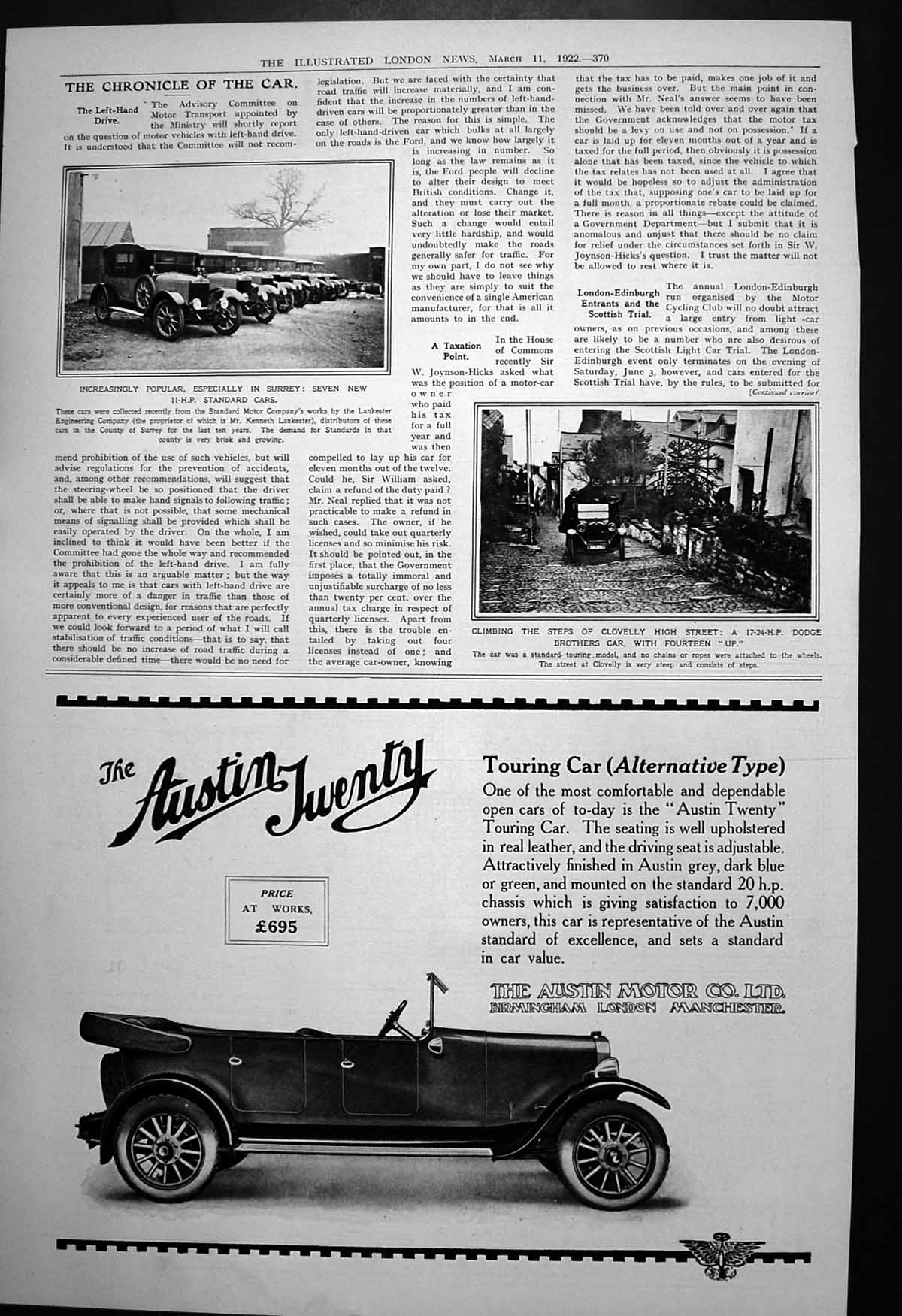 Antique Old Print Seven New Standard Cars Dodge Brothers Car Clovelly 1922 20th