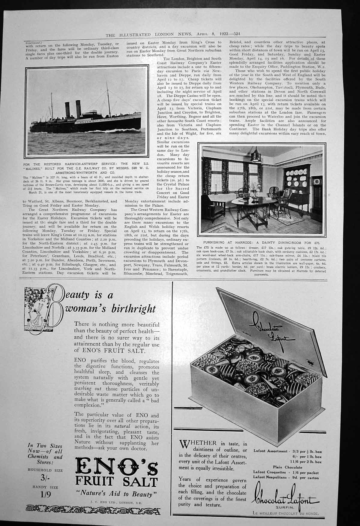 Original Old Vintage Print Ss Malines Harwich Antwerp Furnishings Harrods 1922