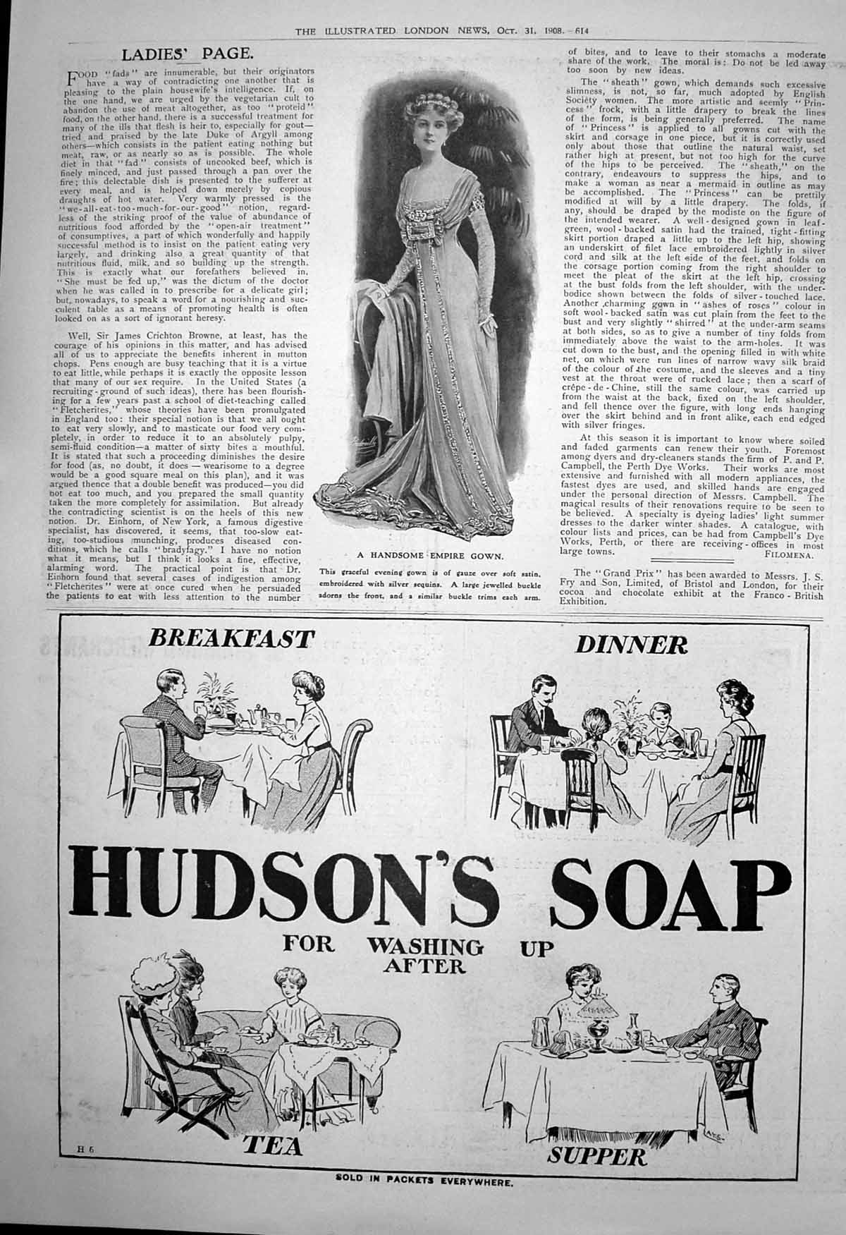 Antique Print Ladies Empire Gown Hudsons Soap Washing Up After Dinner 1908 20th