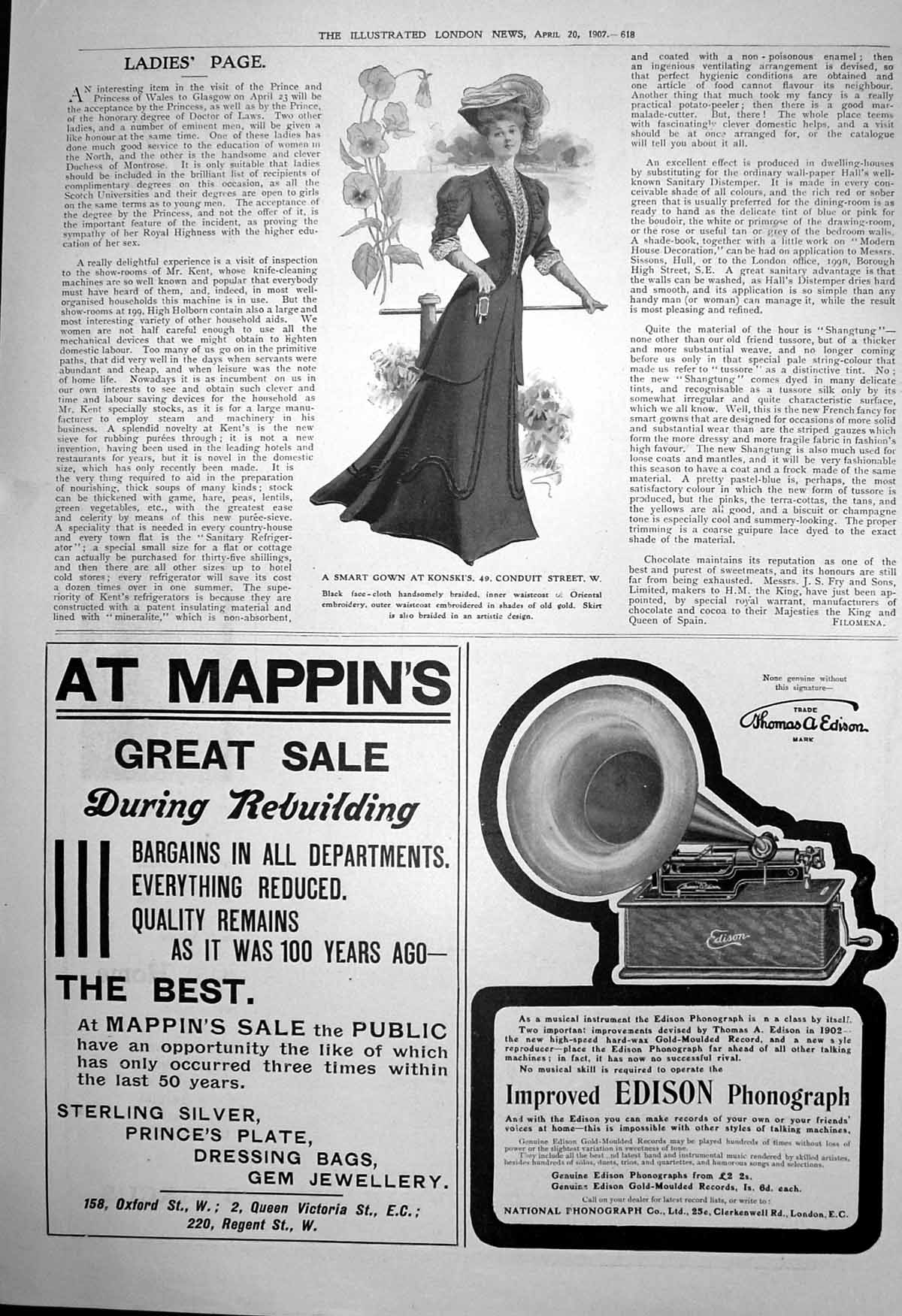 Old Antique Print Smart Gown Konskis Mappins Sale Edison Phonograph 1907 20th