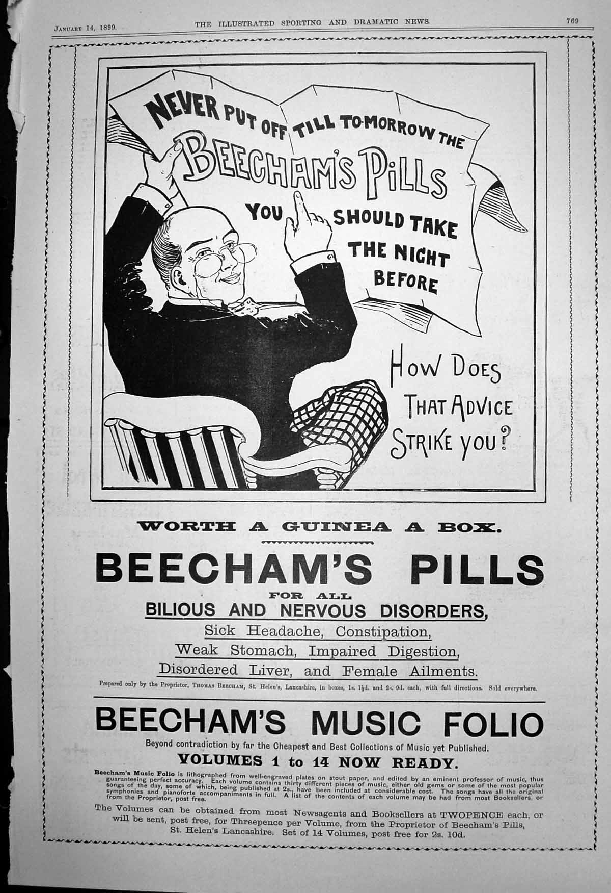 Original Old Antique Print Beechams Pills Headaches Beechams Music Folio 1899