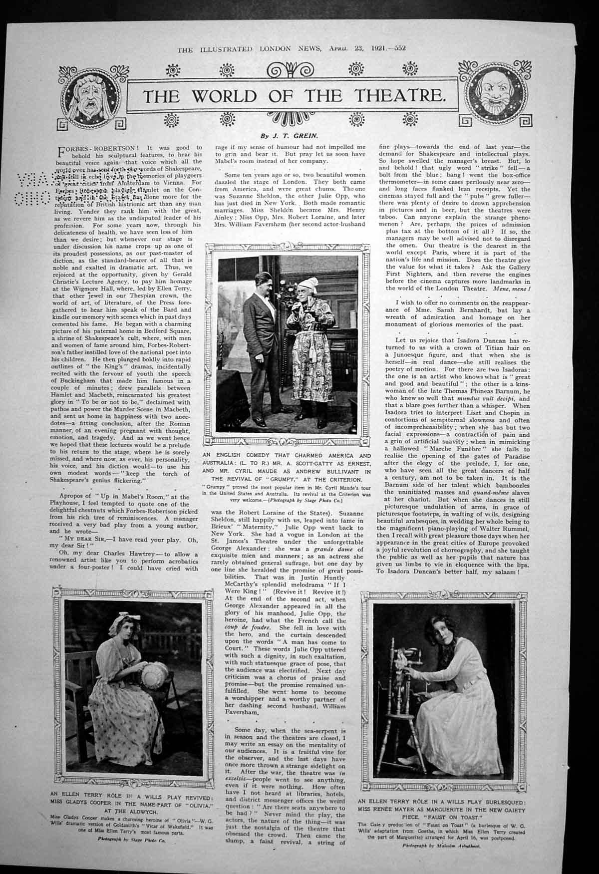 Old Print Olivia Aldwych Theatre Grumpy Criterion Faust Toast Gaiety 1921 20th