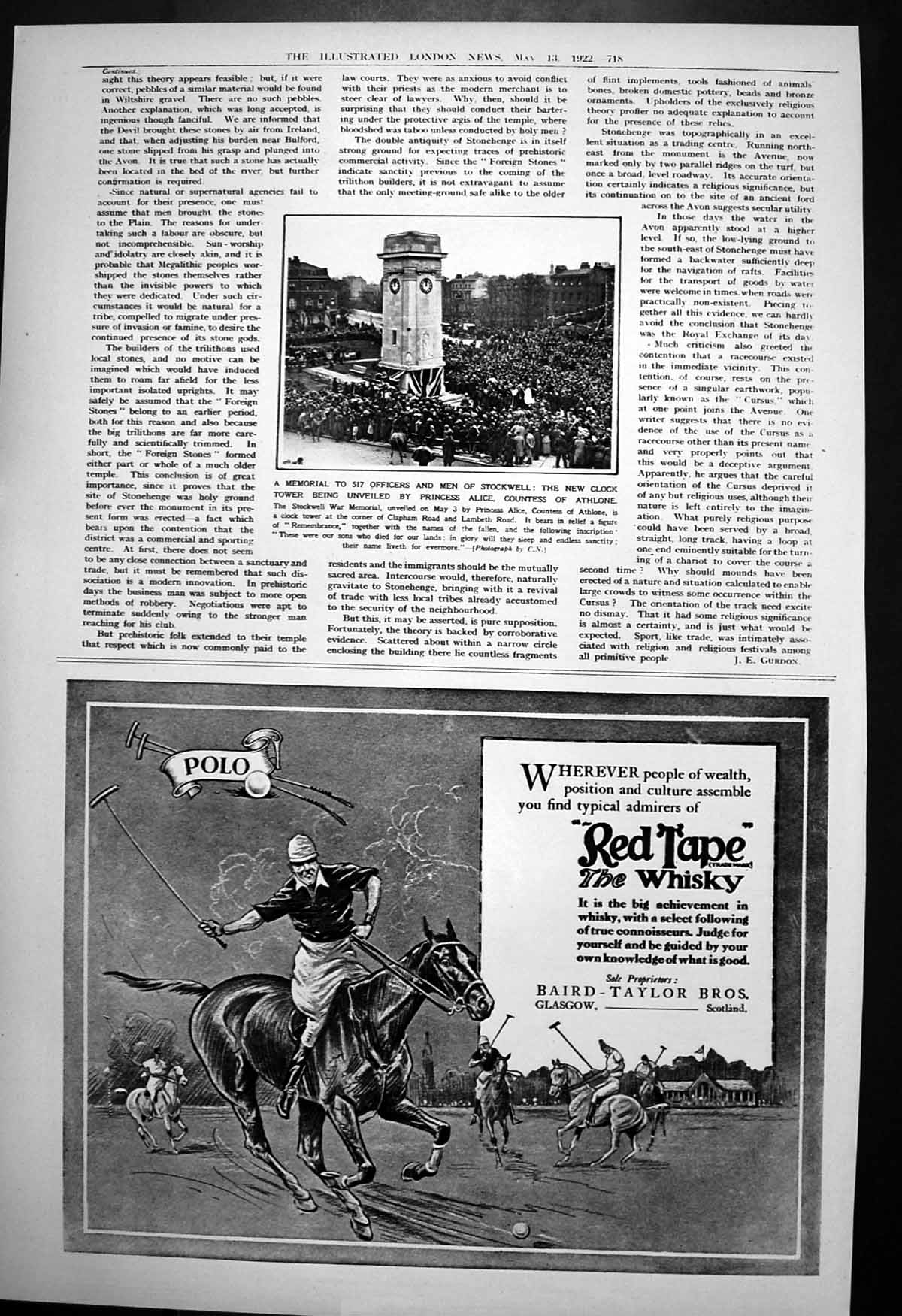 Antique Old Print Memorial Men Stockwell New Clock Tower Princess Alice 1922