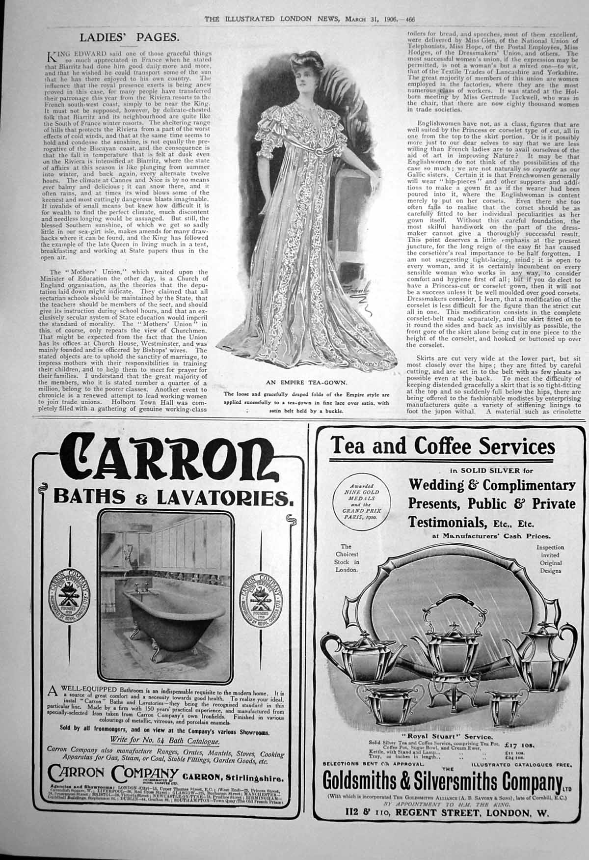 Old Print Empire Tea Gown Carron Baths Lavatories Tea Coffee Service 1906 20th