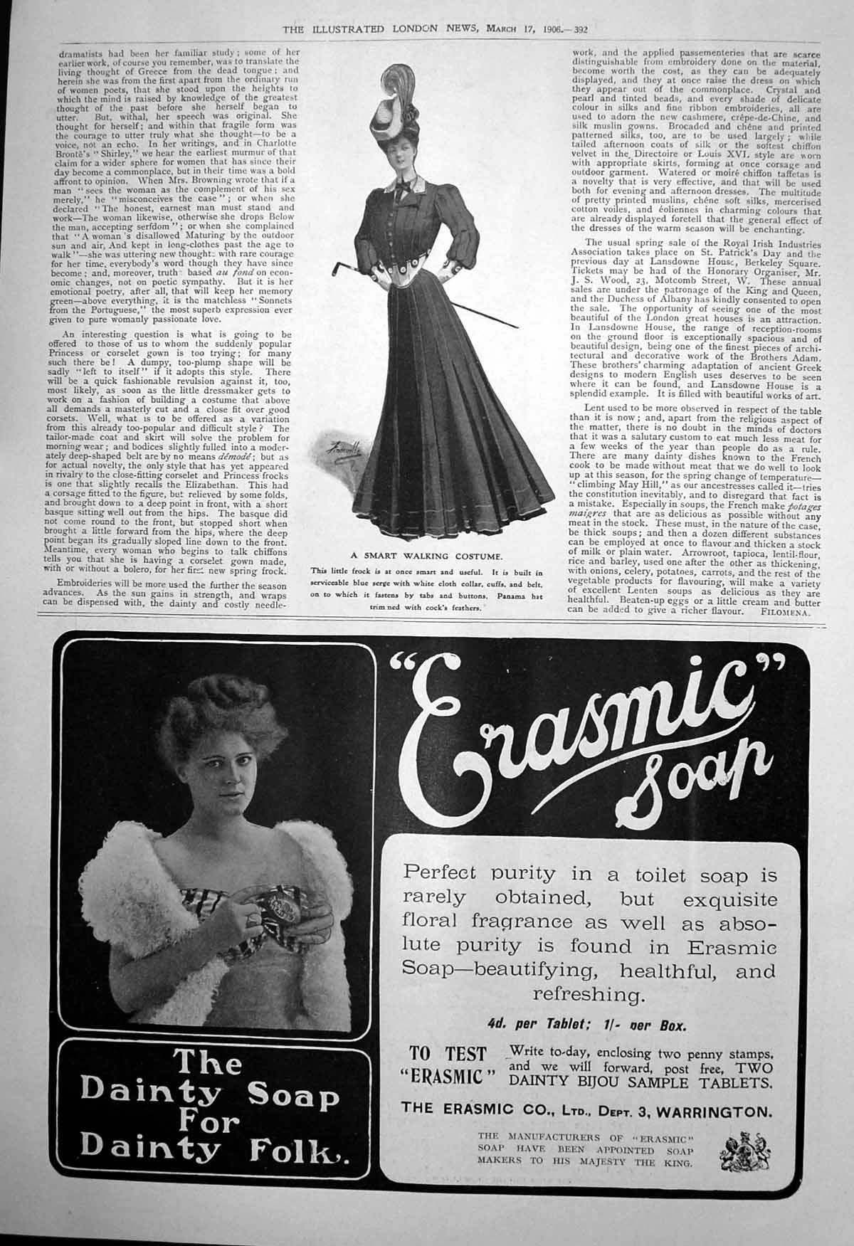 Original Old Antique Print Smart Walking Costume Erasmic Soap Dainty Soap 1906