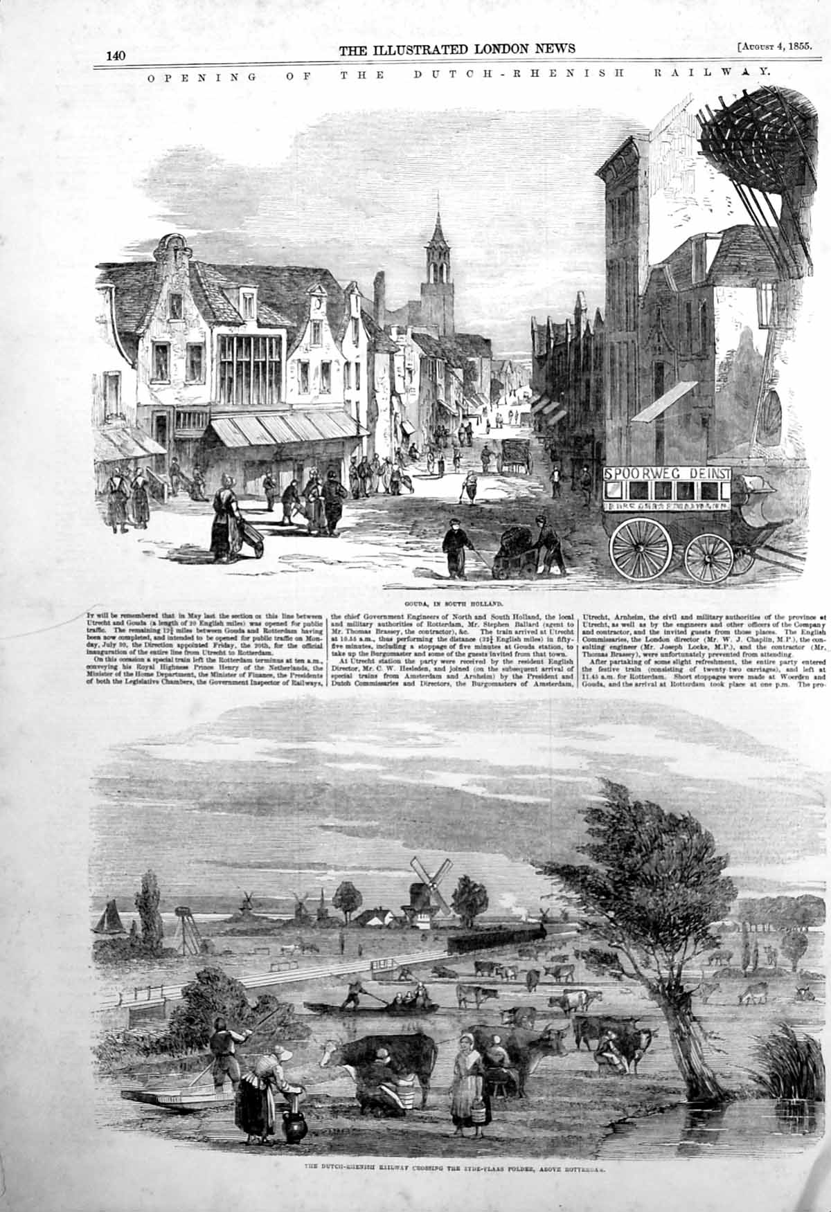 Old Antique Print Opening Dutch Rhenish Railway Zyde Plaas Per Gouda 1855 19th