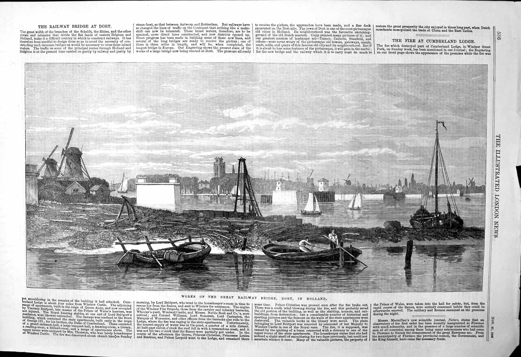 Antique Old Print Works Great Railway Bridge Dort Holland Yachts Boats 1869