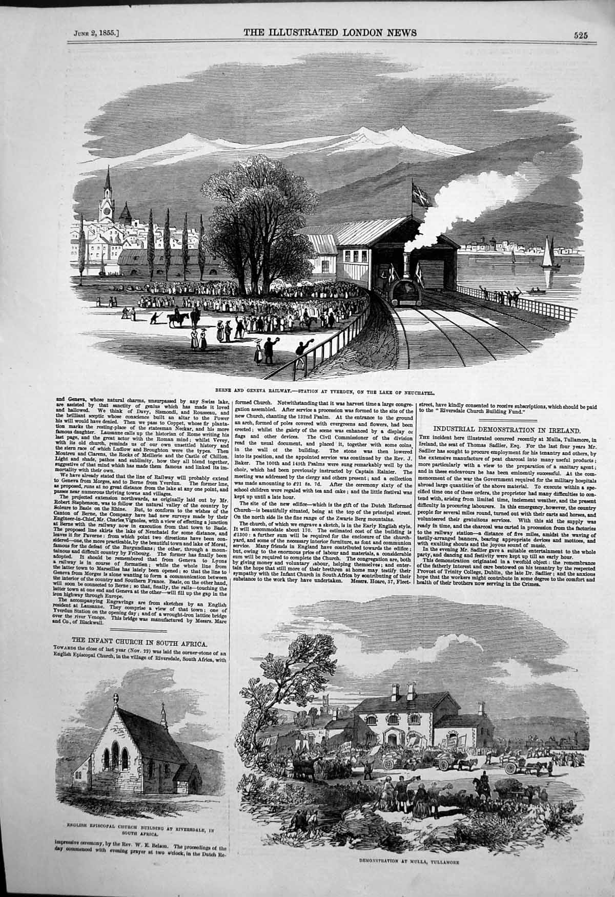 Old Print English Church Riverdale S Africa Yverdum Station Neuchatel1855 19th