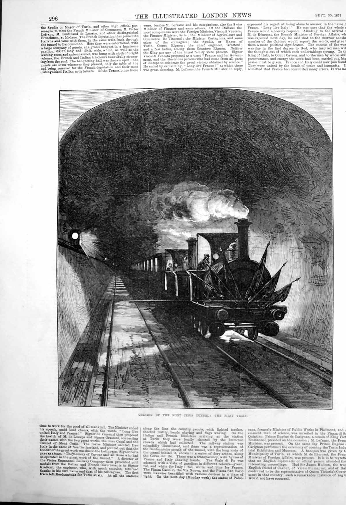 Original Old Antique Print Opening Mont Cenis Tunnel Alps First Train 1871 19th
