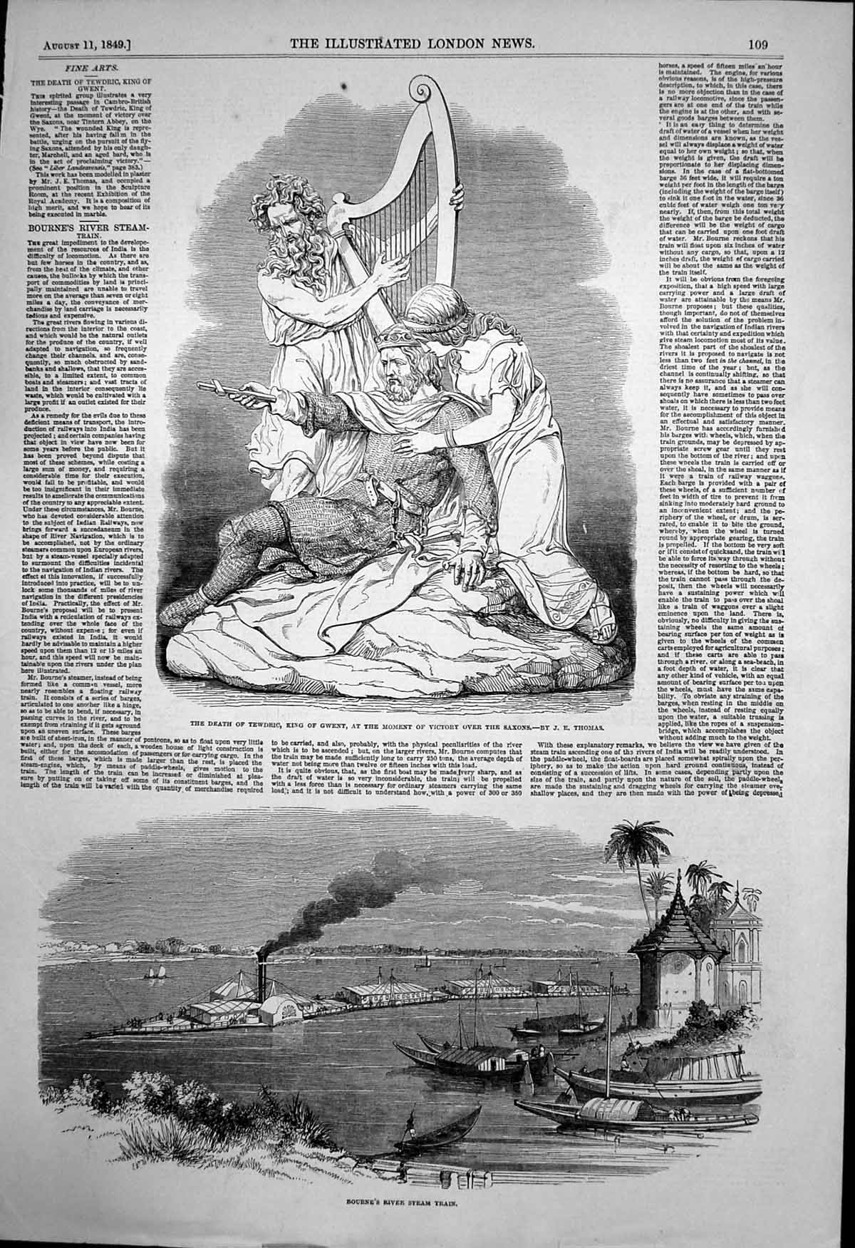 Antique Old Print Bournes River Steam Train Death Tewdric Victory Saxons 1849