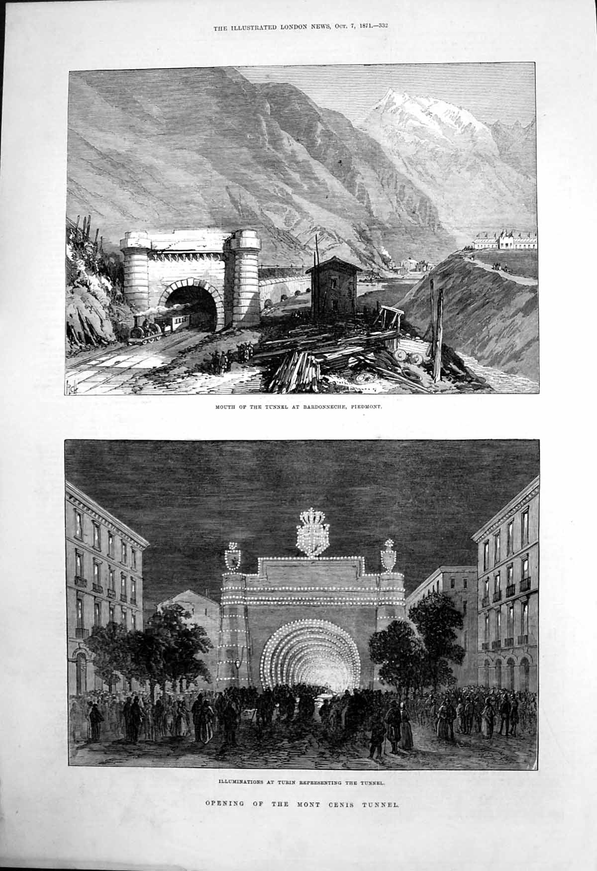 Antique Old Print Mouth Mont Cenis Tunnel Piedmont Illuminations Turin 1871
