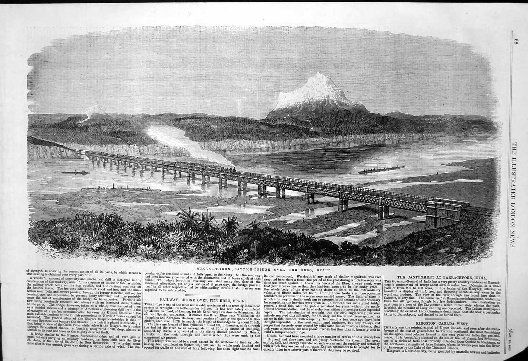 Original Old Antique Print Wrought Iron Lattice Bridge Over Ebro Spain 1862