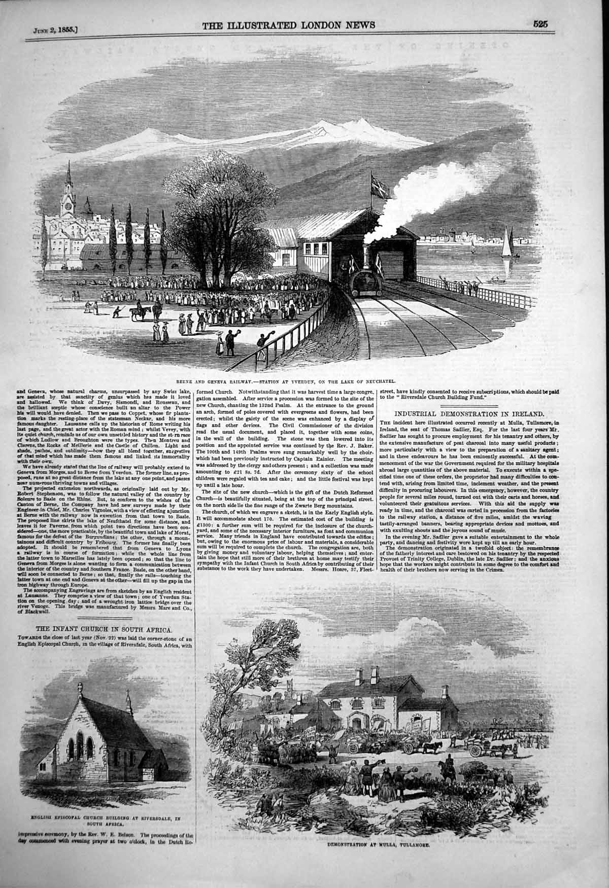 Antique Print Berne Geneva Railway Yverdun Station Demonstration Mulla 1855