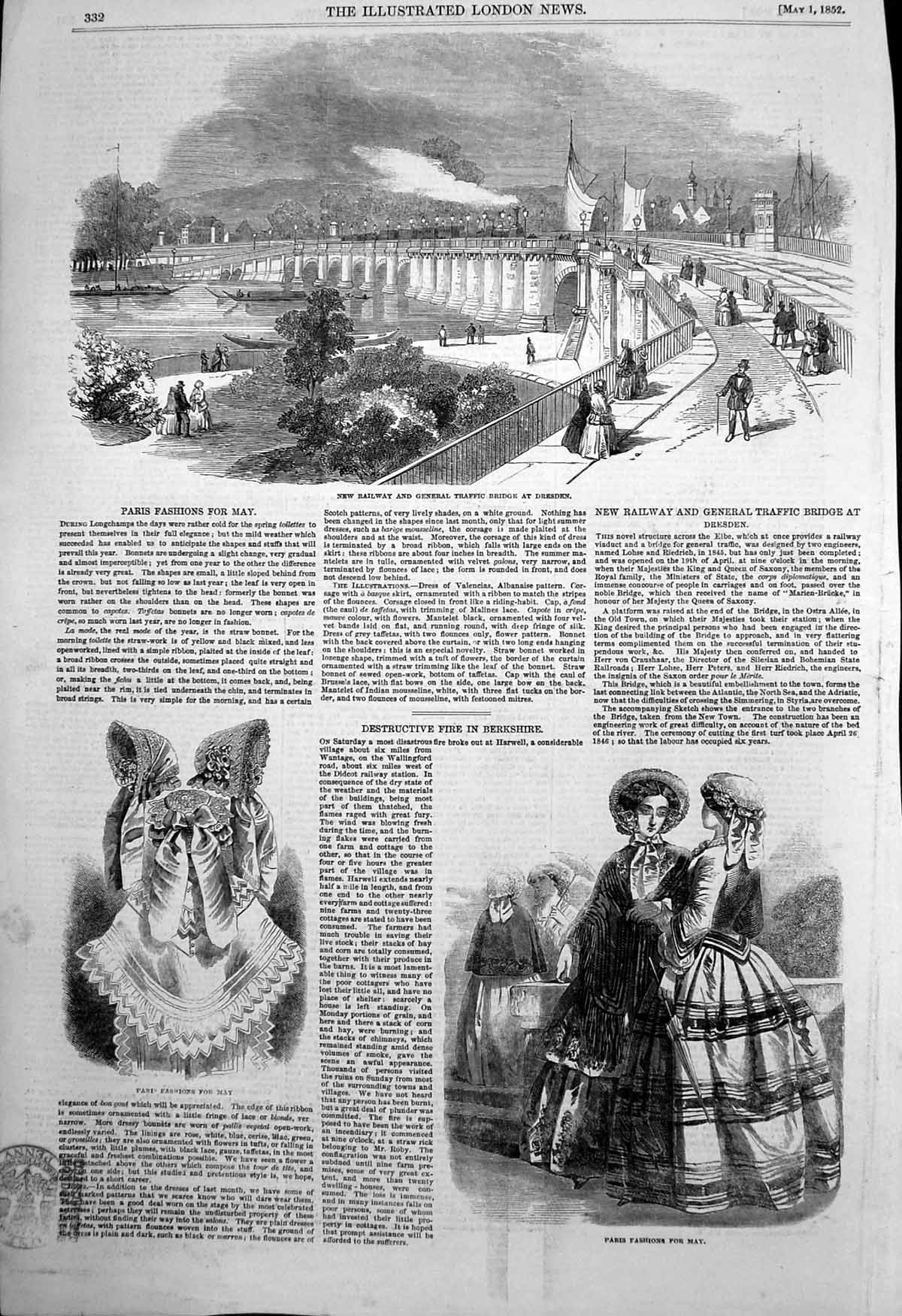 Antique Old Print New Railway Traffic Bridge Dresden Paris Fashions May 1852