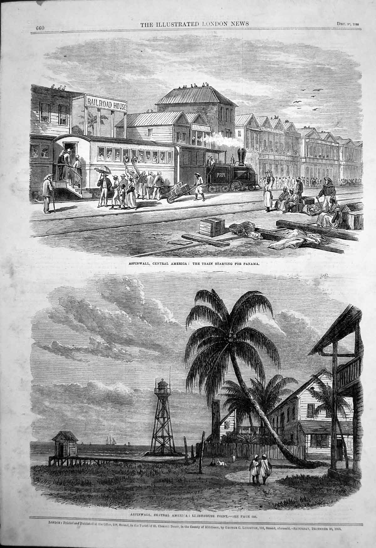 Antique Print Aspinwall Central America Train Panama Lighthouse Point 1865 19th
