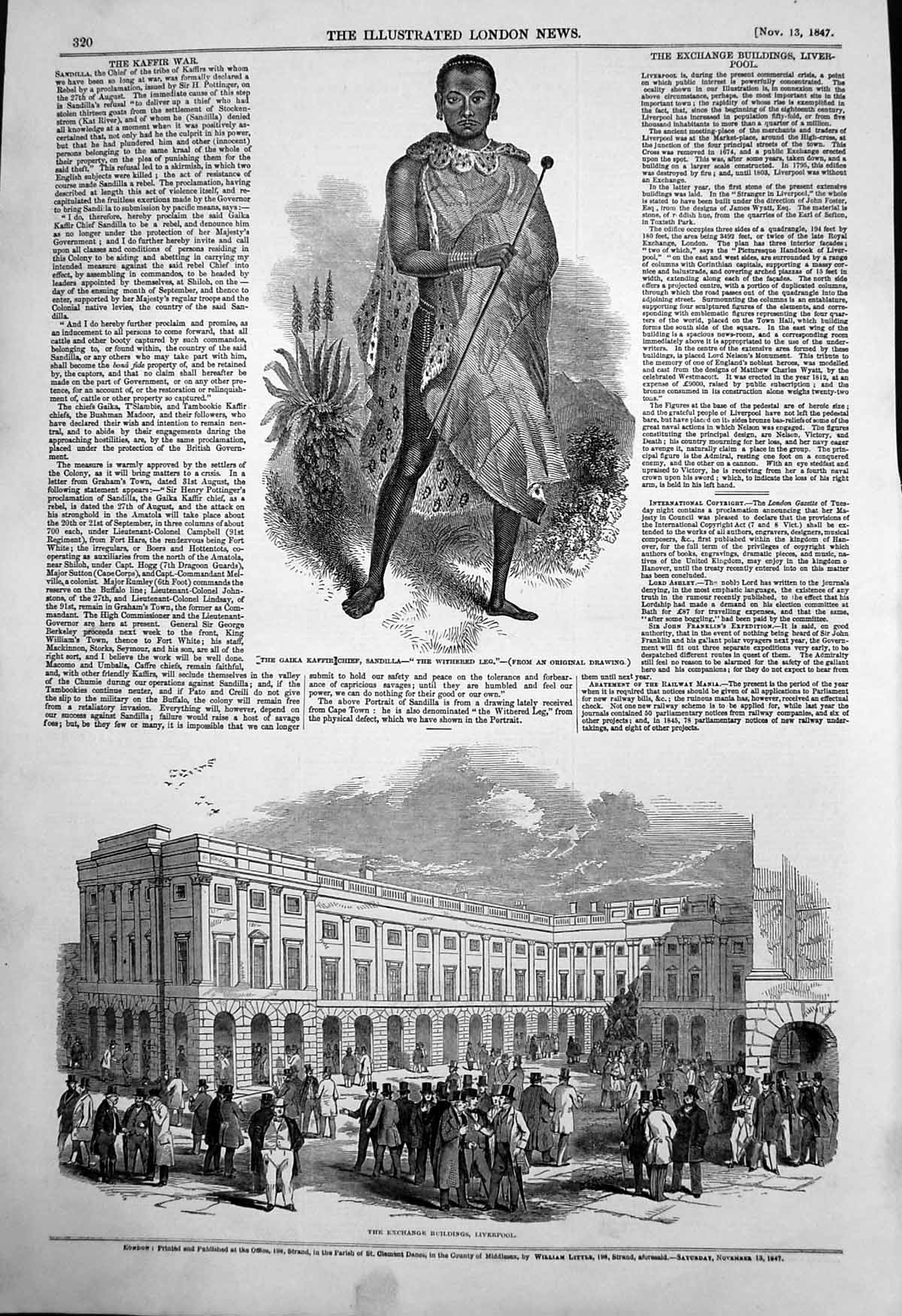 Antique Print Exchange Building Liverpool Gaika Kaffir Chief Sandilla 1847 19th