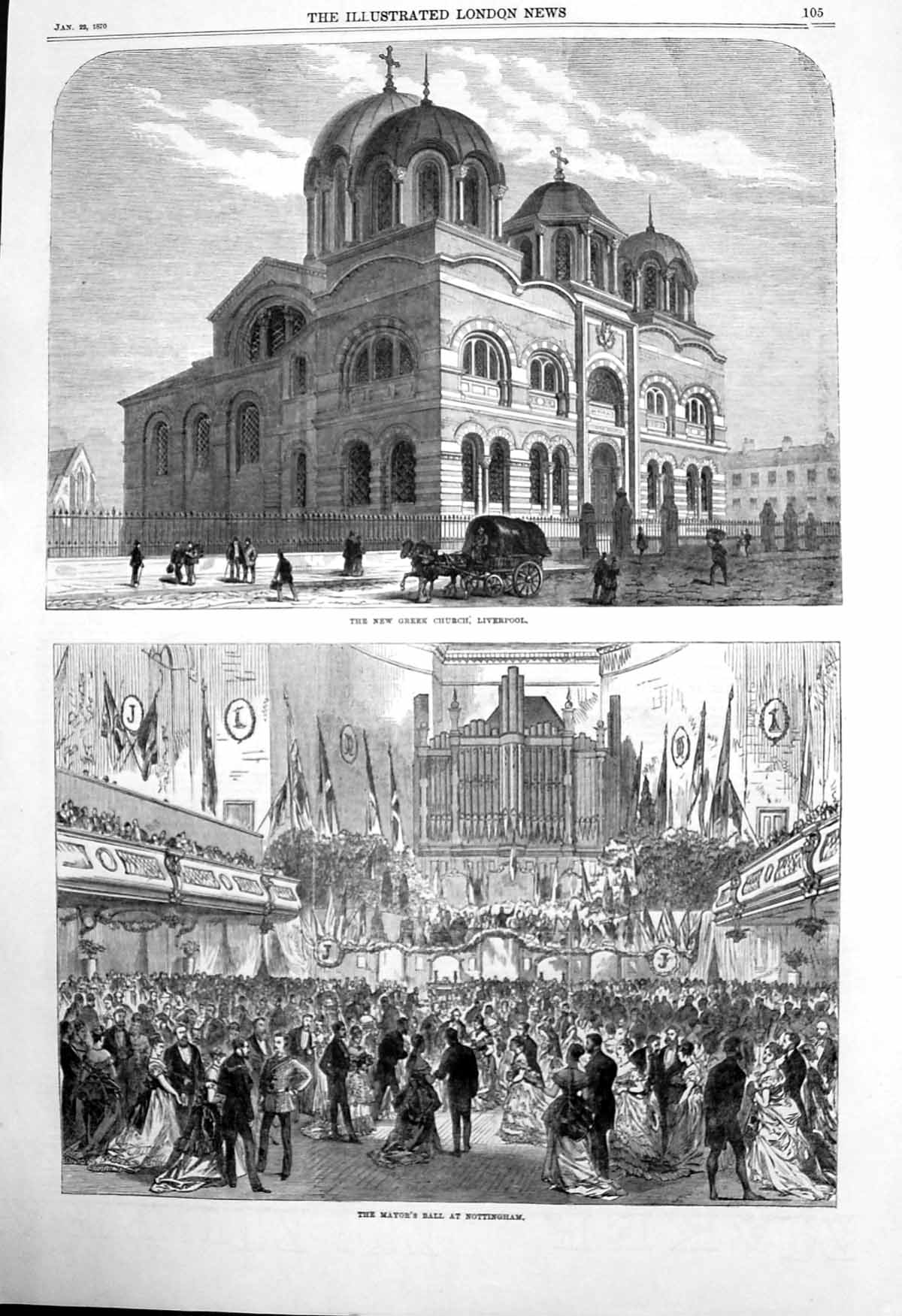 Old Antique Print New Greek Church Liverpool Mayors Ball Nottingham 1870 19th