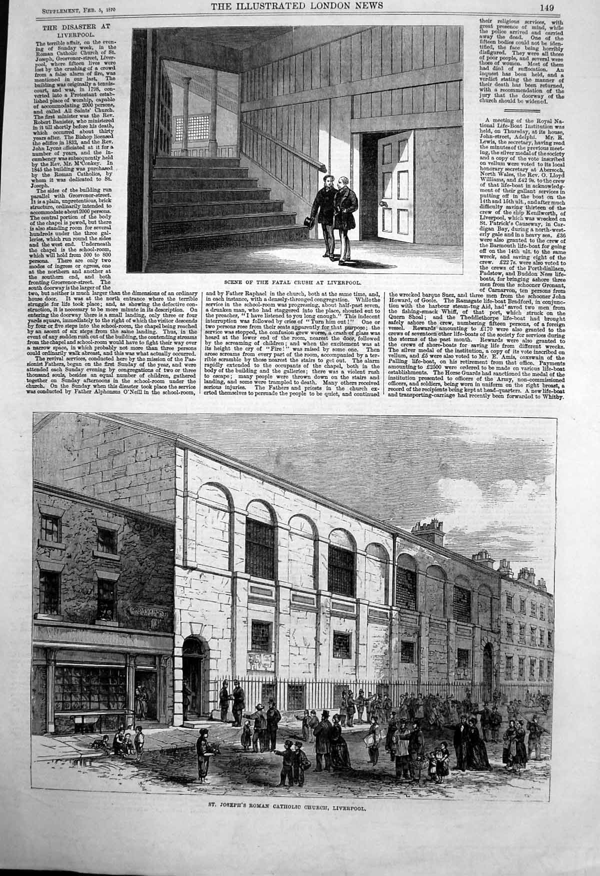 Antique Old Print Fatal Crush Liverpool St Josephs Roman Catholic Church 1870