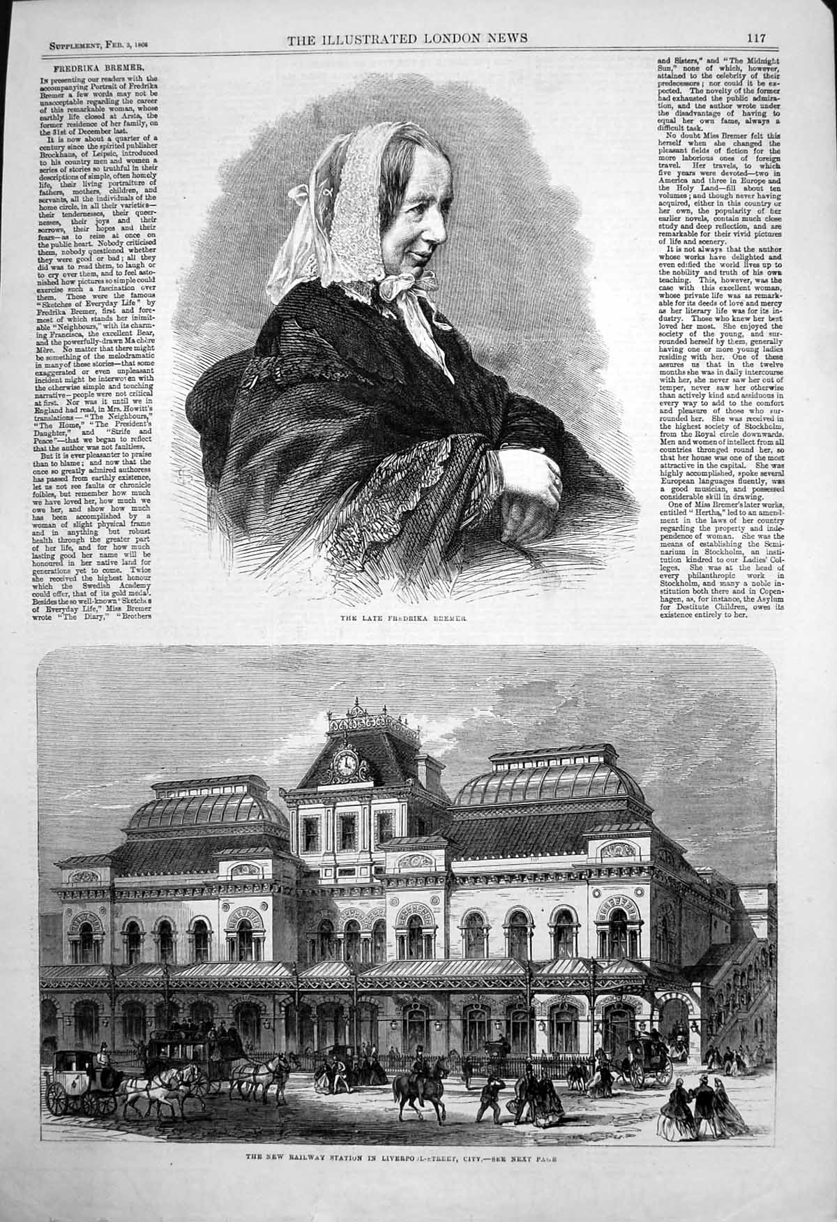 Old Print Fredrika Bremer New Railway Station Liverpool Street City 1866 19th