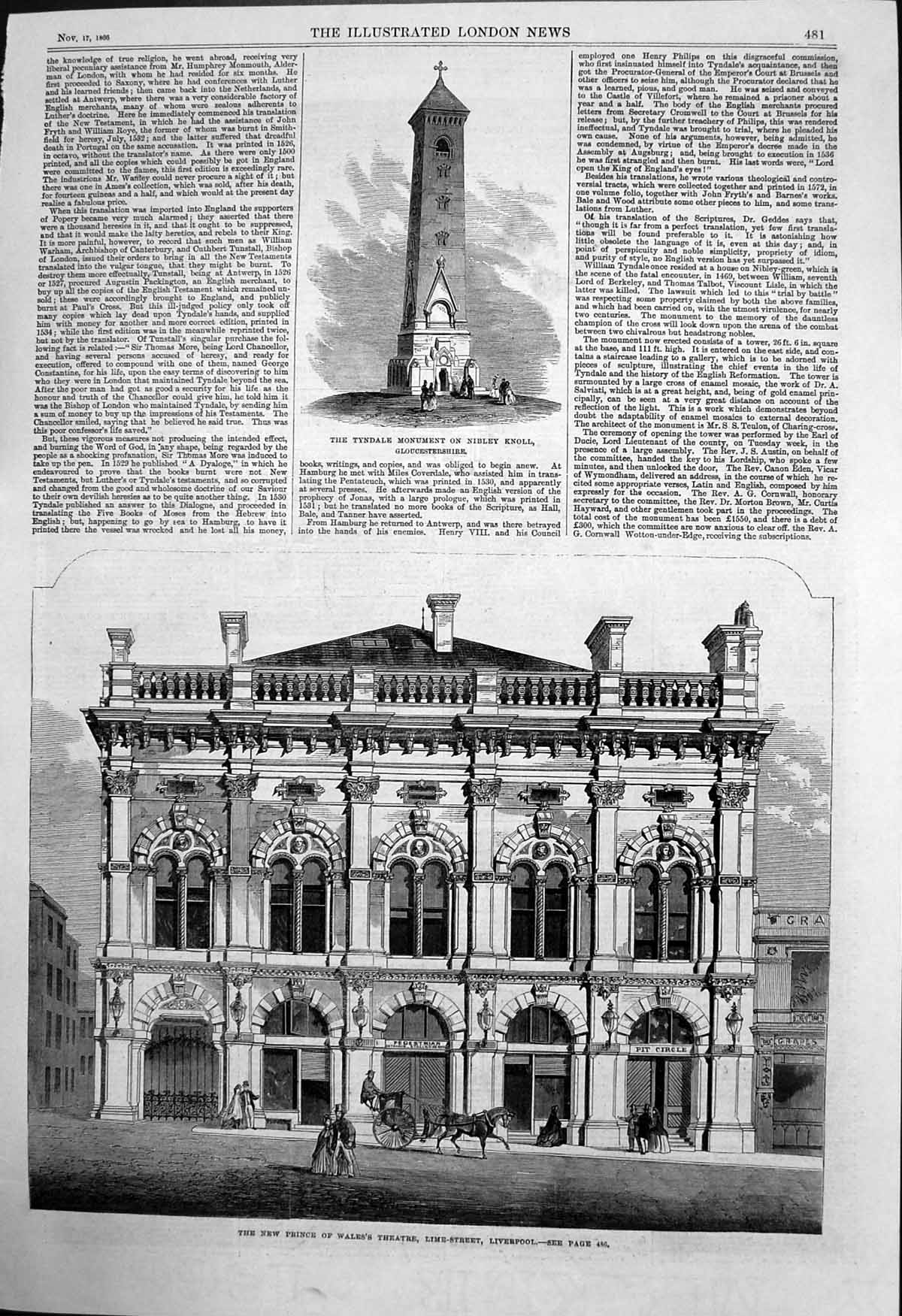 Antique Old Print Tyndale Monument Nibley Prince Wales Theatre Liverpool 1866