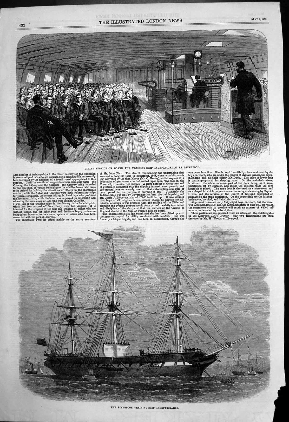 Old Liverpool Training Ship Indefatigable Divine Service Onboard 1866 Victorian