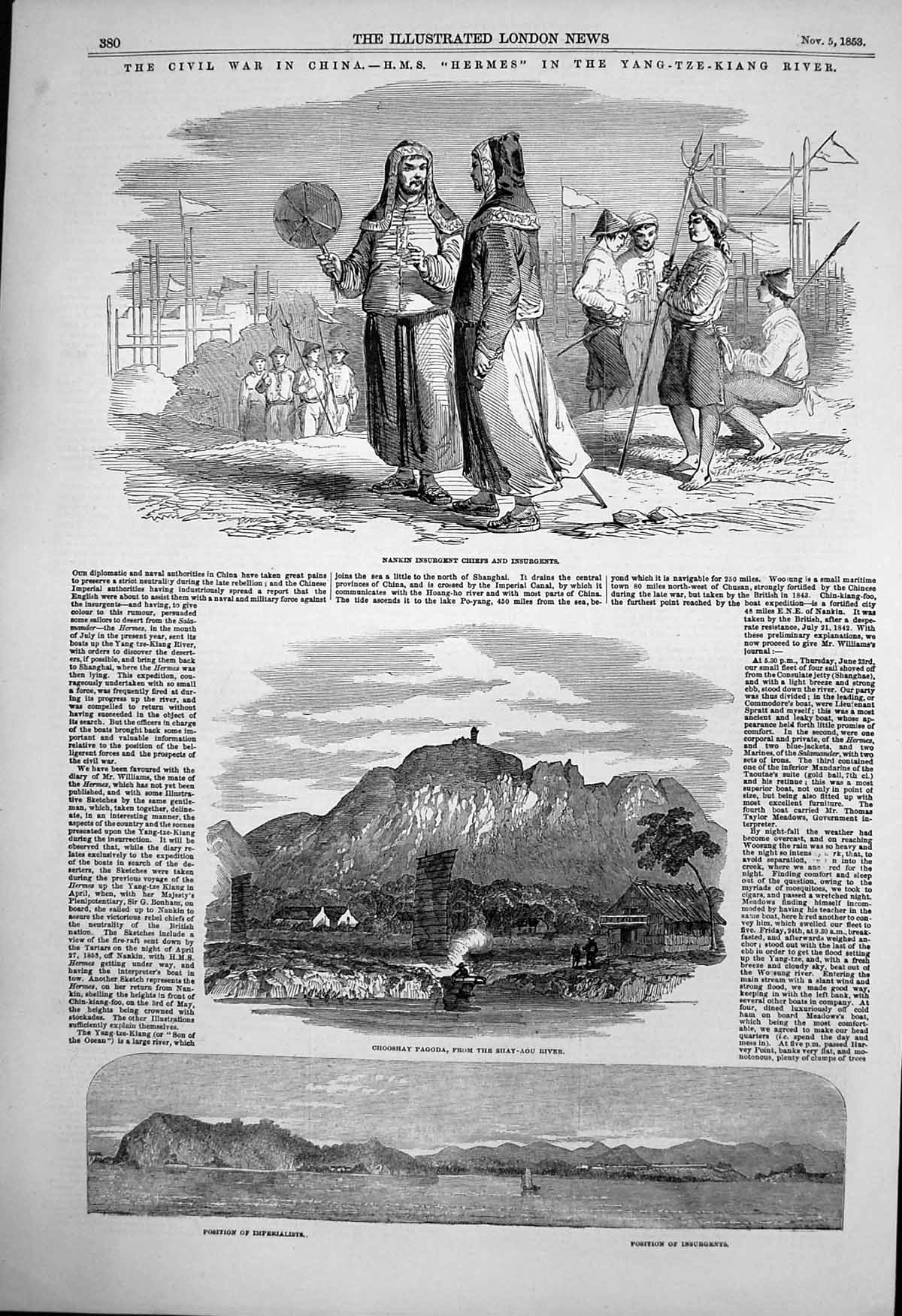 Antique Print Chooshay Pagoda Shay-Aou River Nankin Chiefs Insurgents 1853 19th