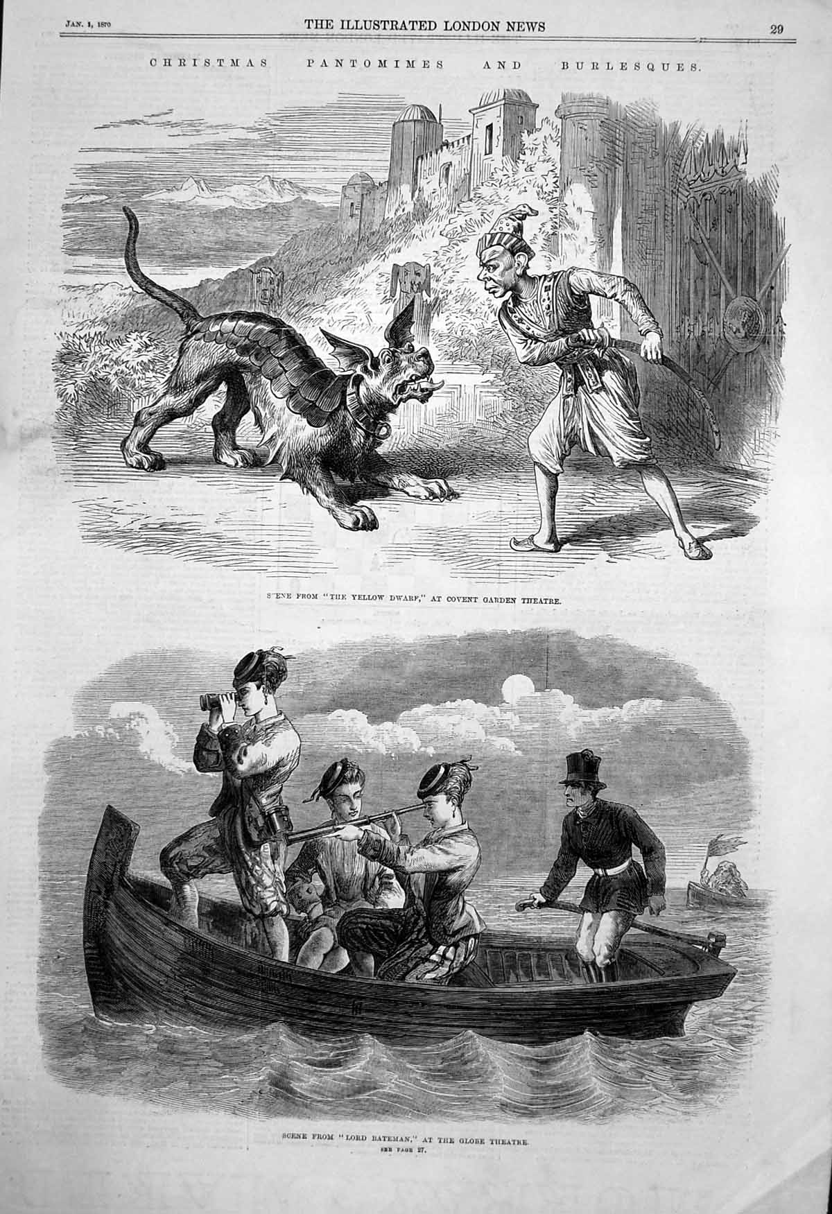 Old Antique Print Pantomines Yellow Dwarf Covent Garden Lord Bateman 1870 19th