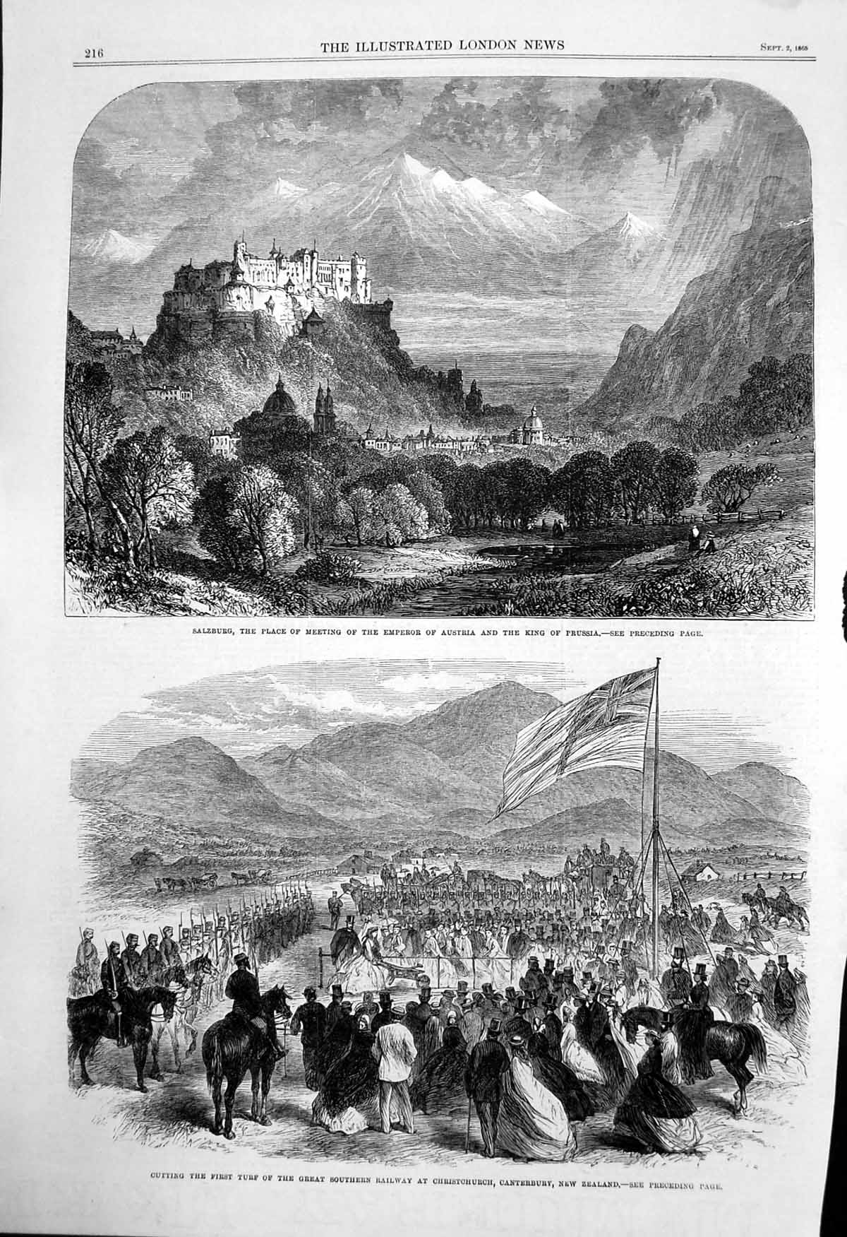 Old Print Salzburg Emperor Austria King Prussia Railway Christchurch 1865 19th