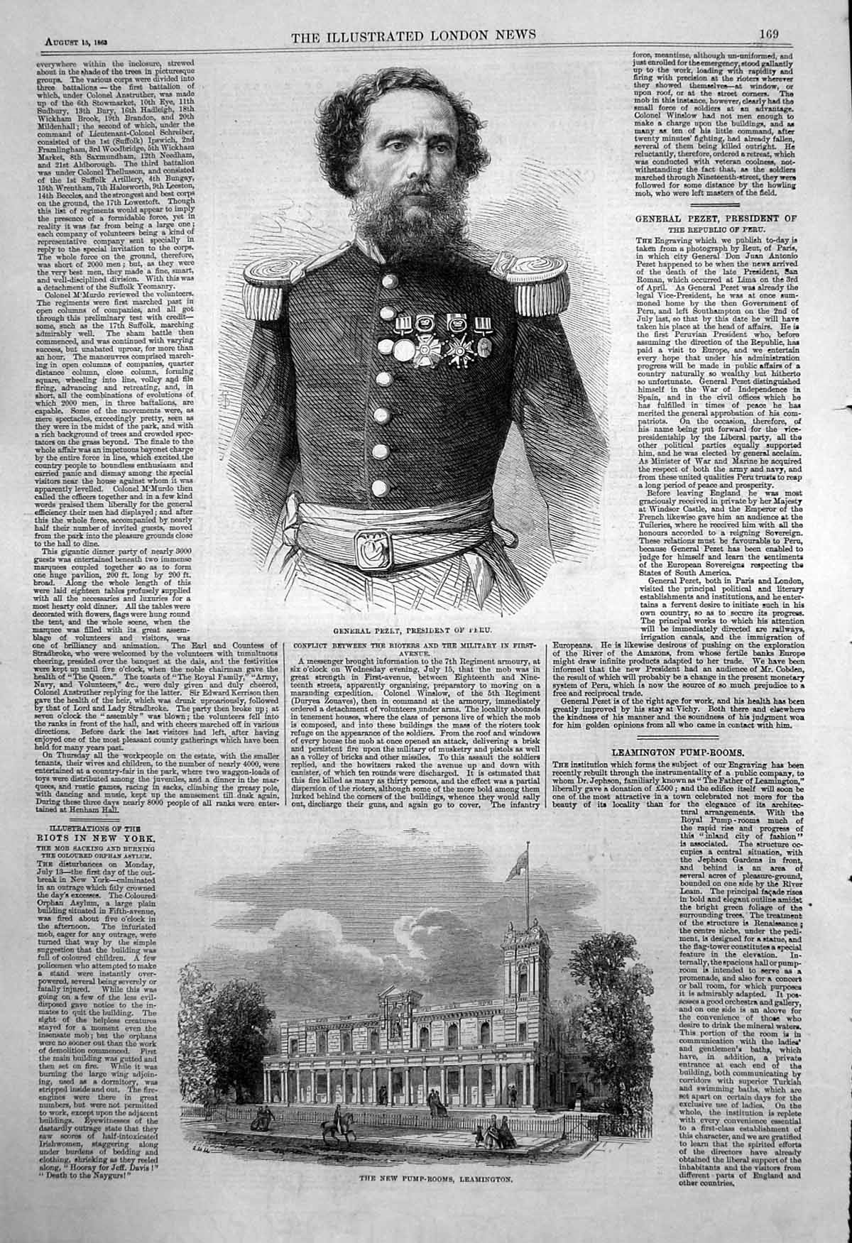 Antique Old Print General Pezet President Peru New Pump Rooms Leamington 1863
