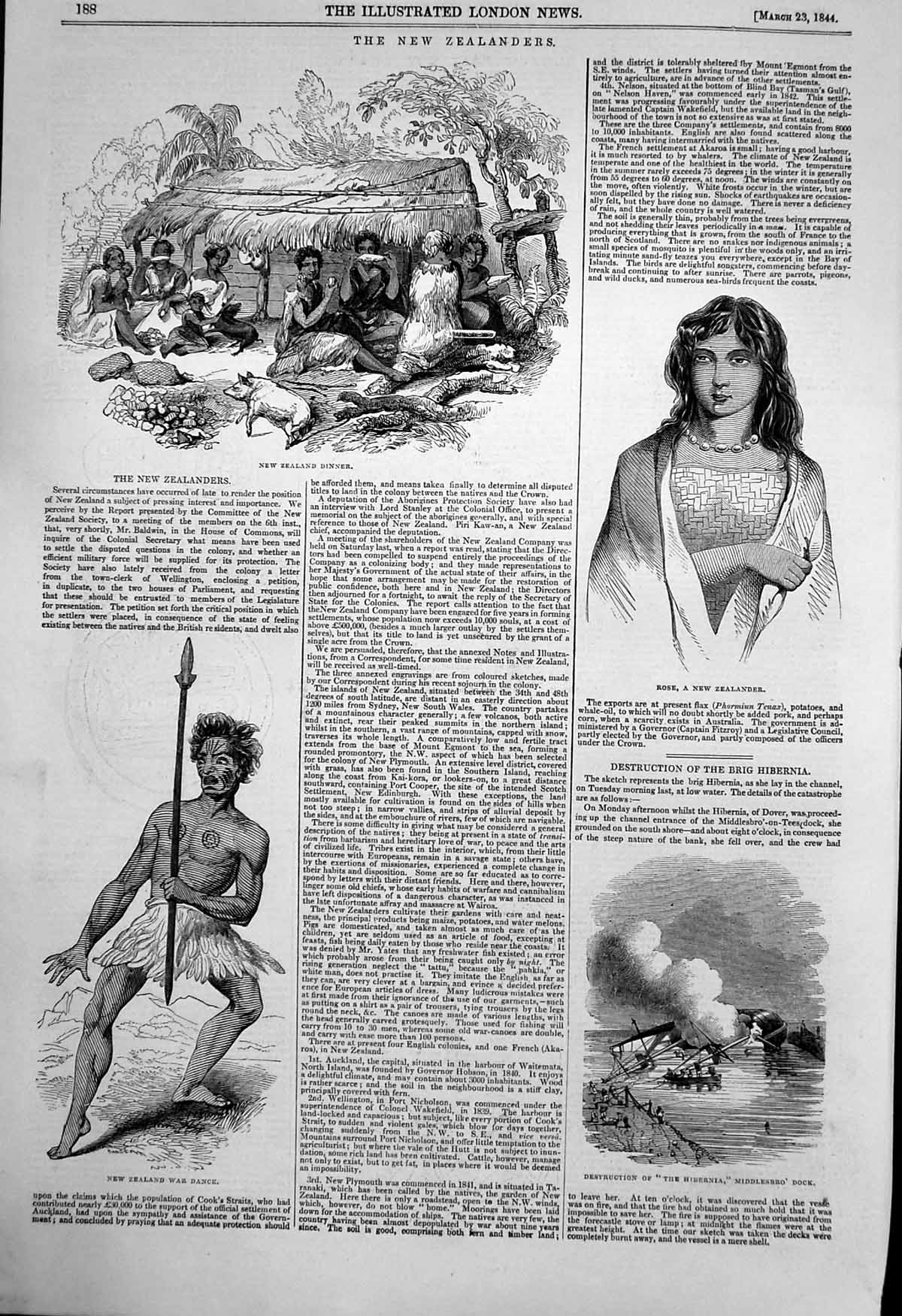 Antique Old Print New Zealand War Dance Dinner Destruction Brig Hibernia 1844