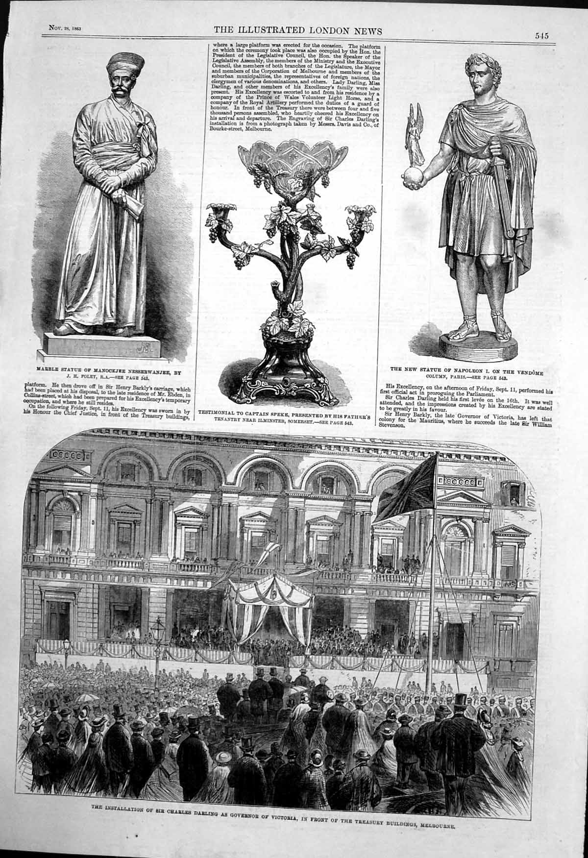 Old Print Installation Charles Darling Gov Victoria Statue Napoleon 1863 19th