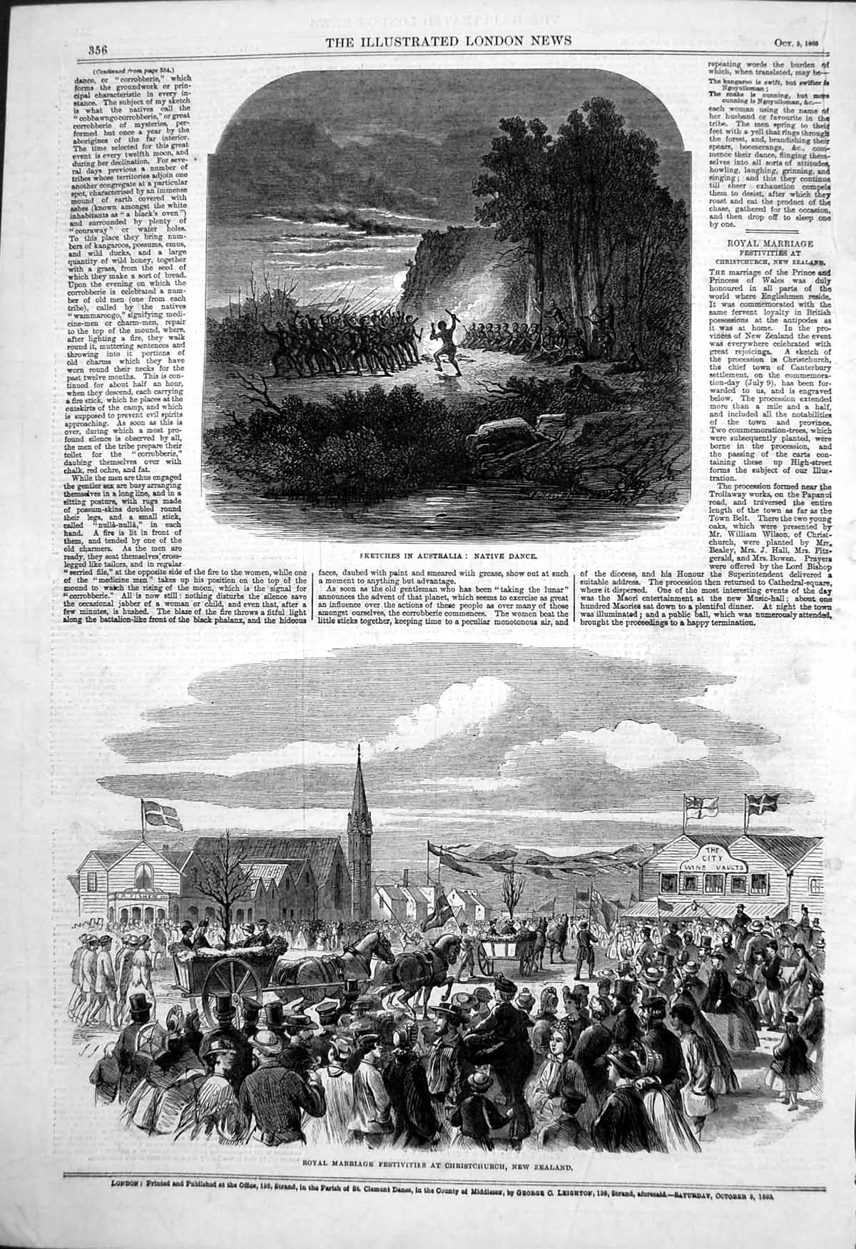 Antique Old Print Royal Marriage Festivities Christchurch Native Dance 1863