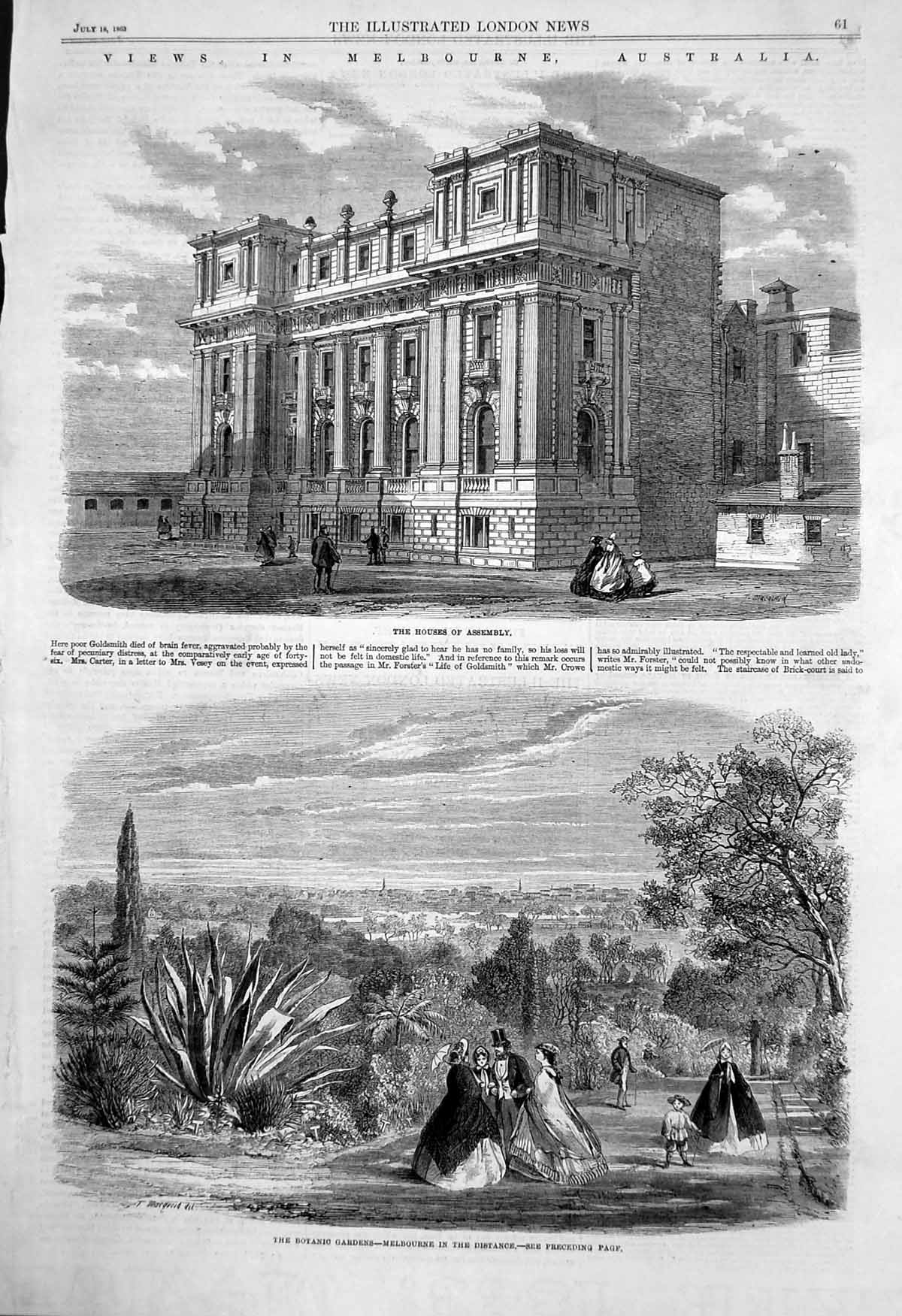 Original Old Antique Print Views Melbourne Houses Assembly Botanic Gardens 1863