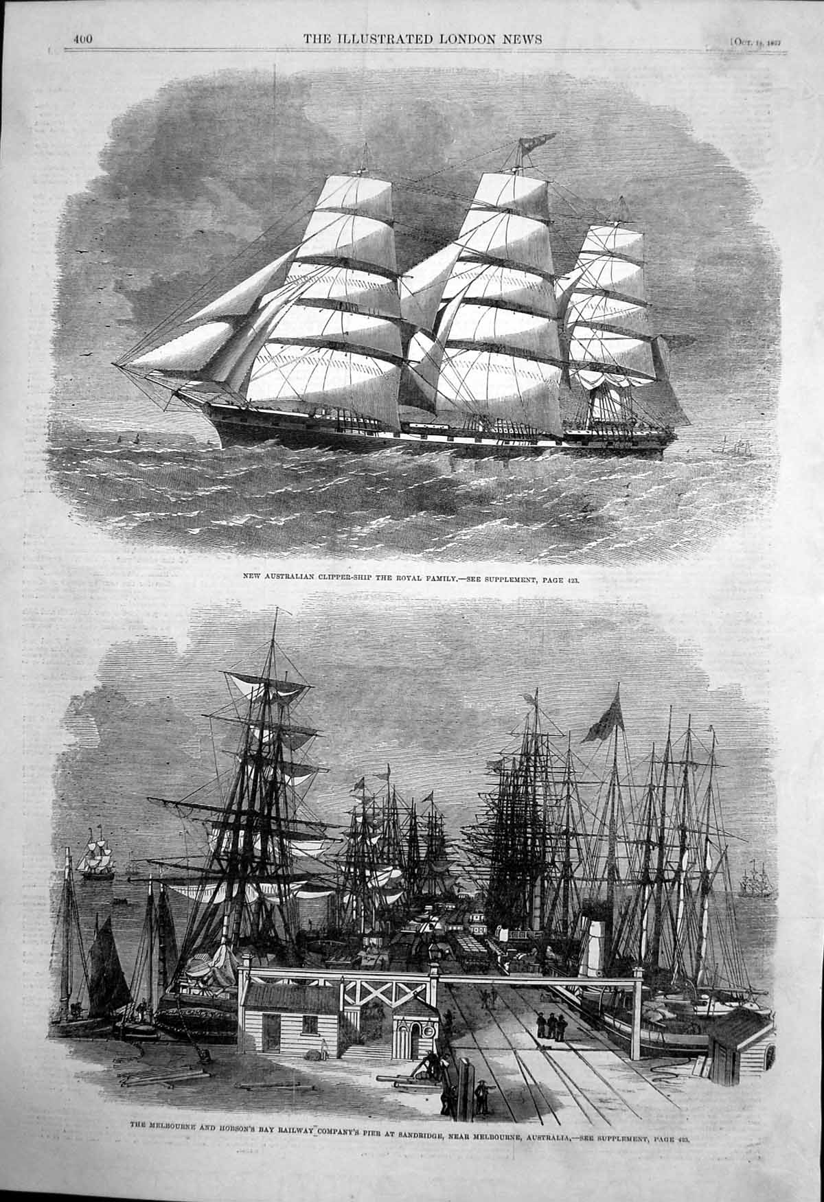 Antique Print Australian Clipper Royal Family Pier Sandridge Melbourne 1862