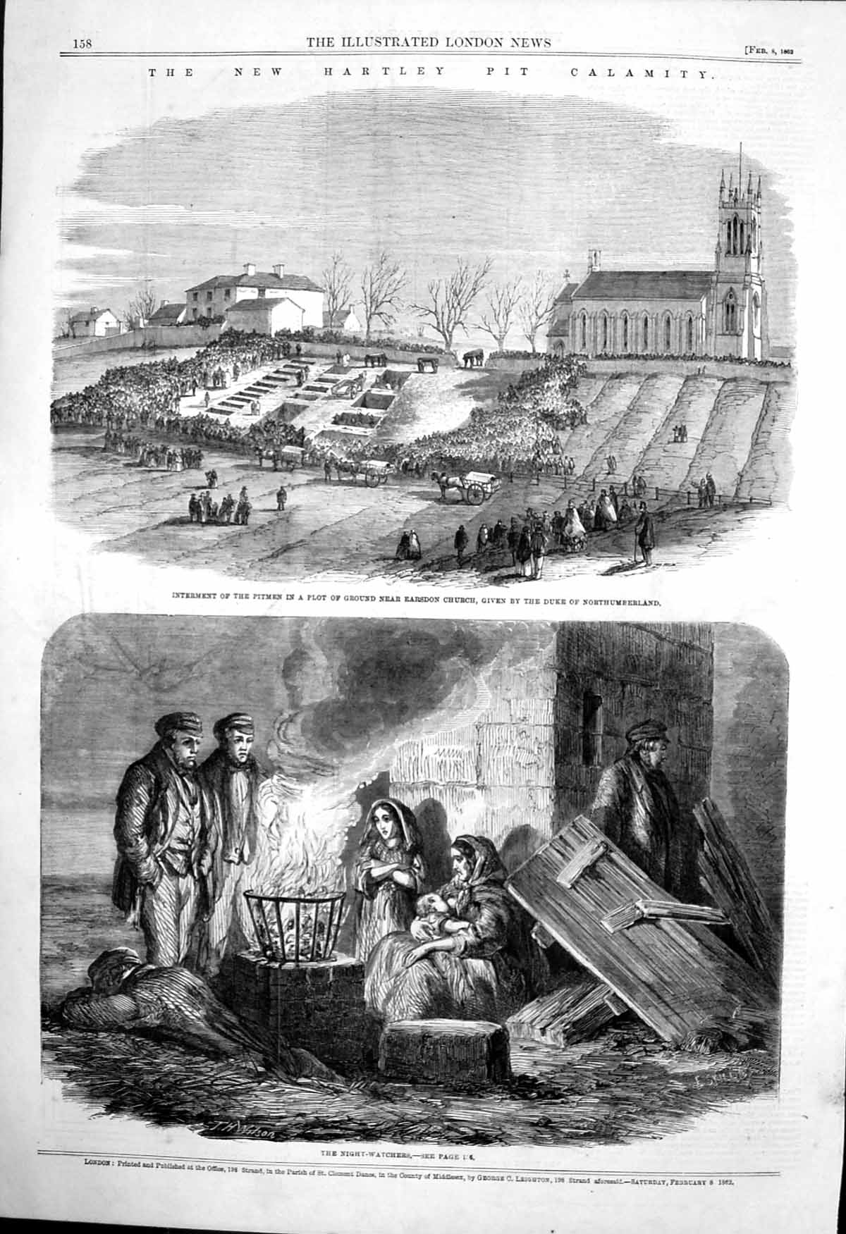 Antique Old Print Hartley Pit Calamity Internment Pitmen Earsdon Church 1862