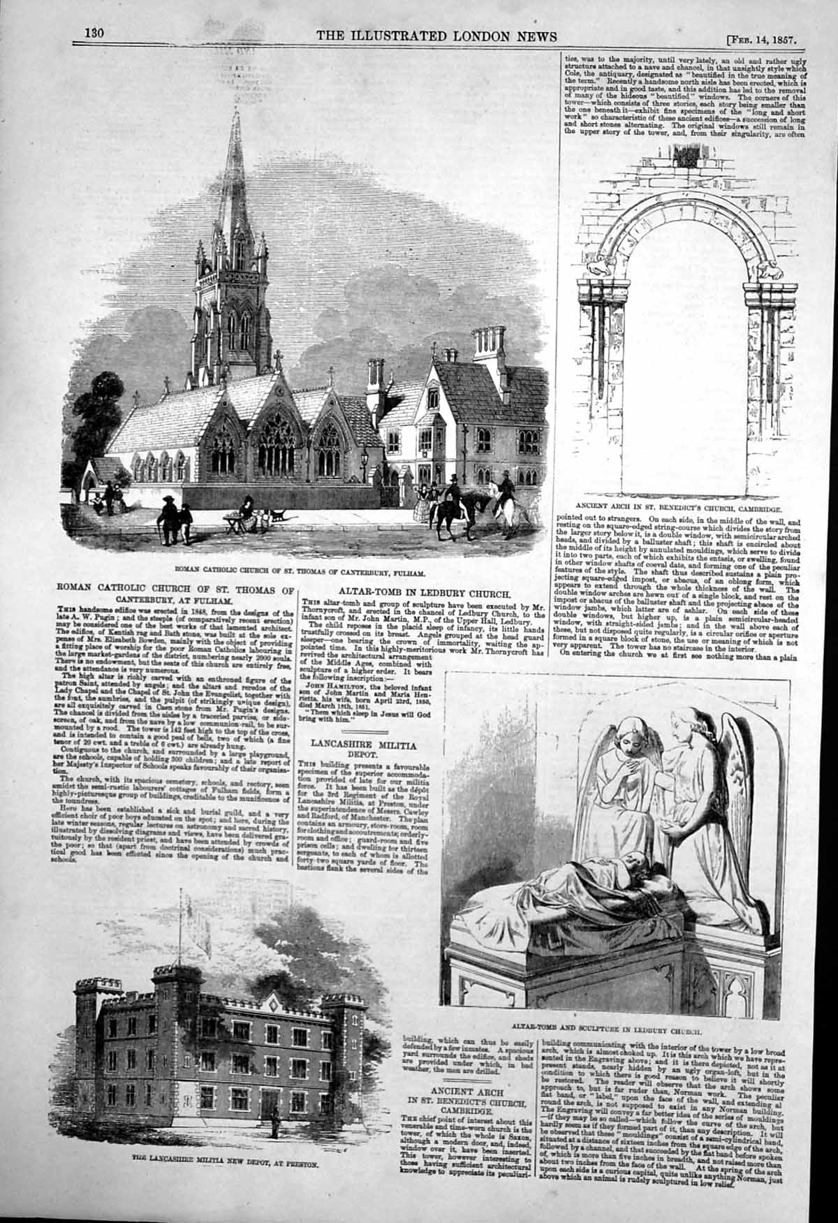 Old Print Lancashire Militia Depot Preston Rc Church St Thomas Fulham1857 19th