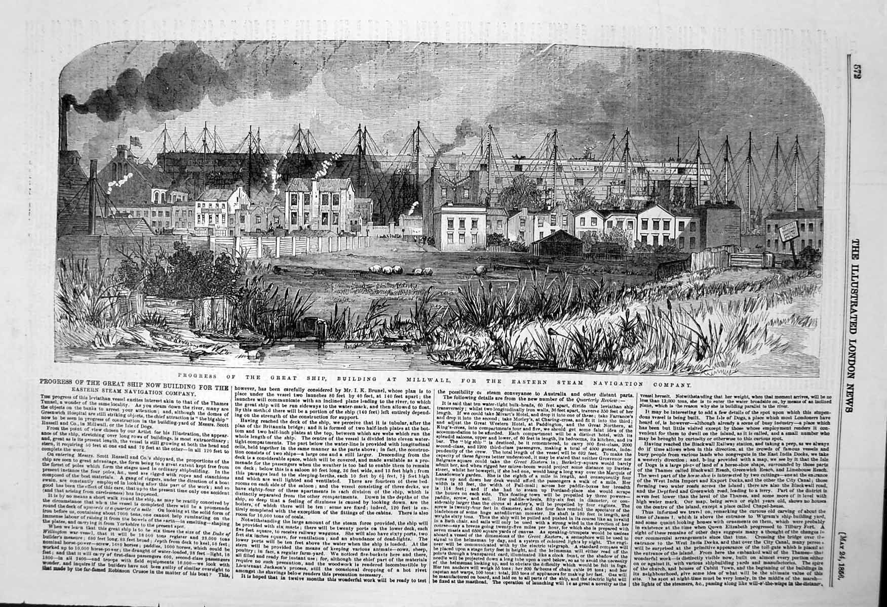 Antique Print Great Ship Building Millwall Eastern Steam Navigation Co 1856