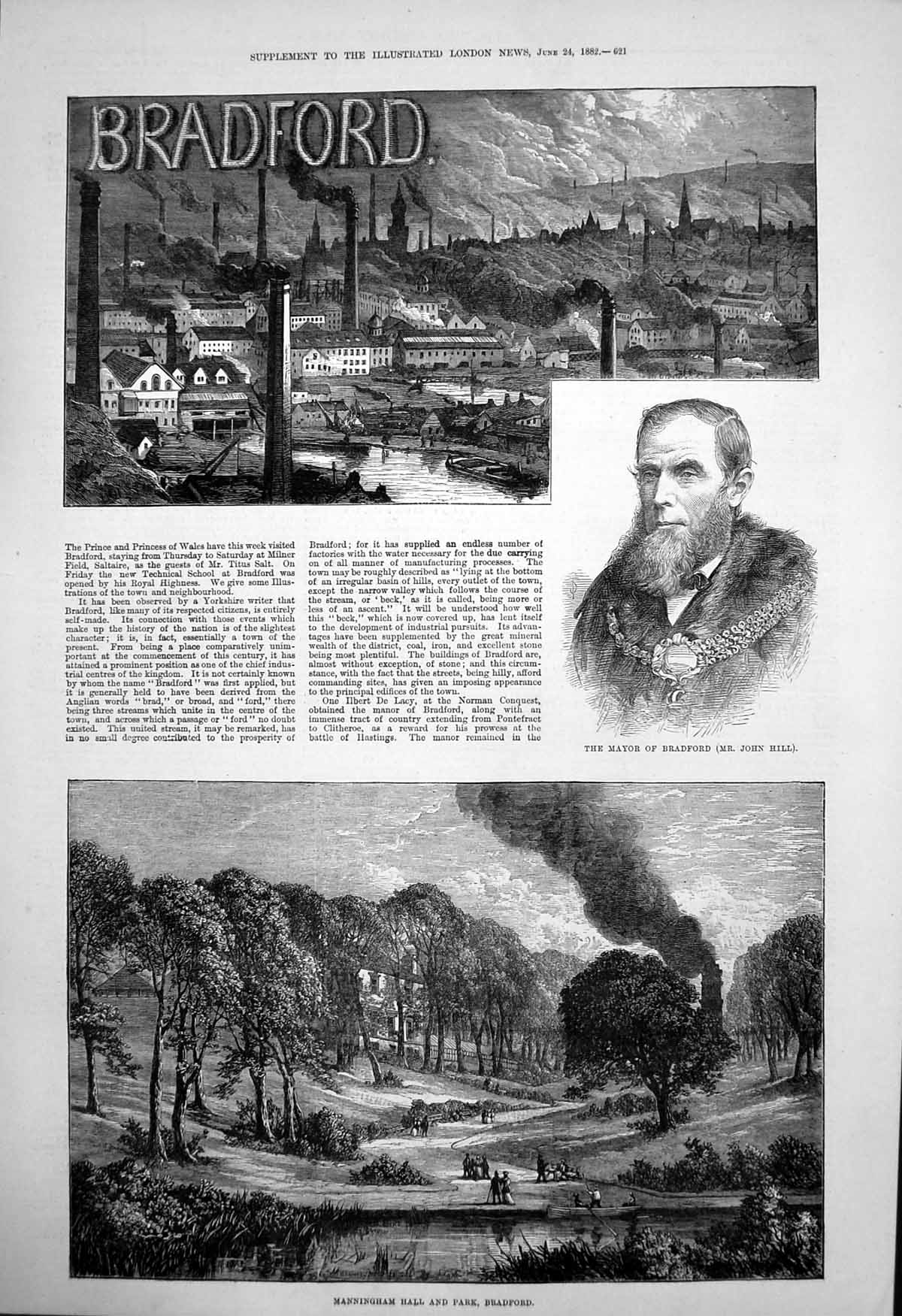 Original Old Antique Print Bradford Mayor John Hill Manningham Hall Park 1882