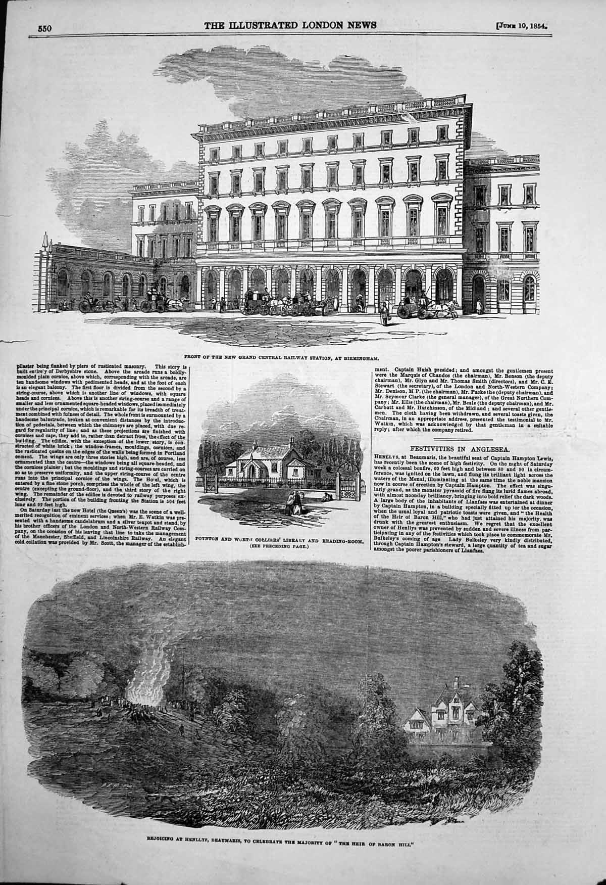 Antique Old Print Central Railway Station Birmingham Henllys Beaumaris 1854