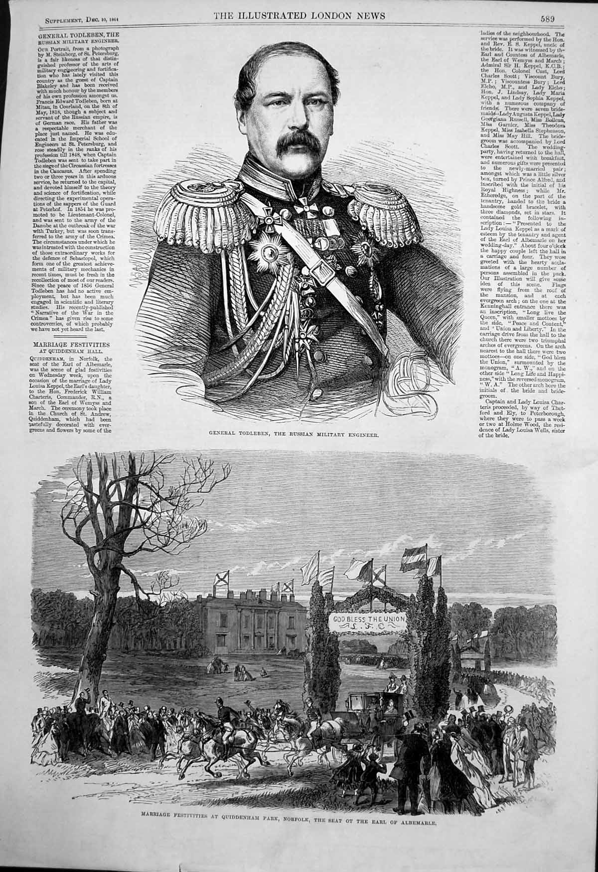 Antique Print Marriage Quiddenham Norfolk Earl Albemarle Gen Todleben 1864 19th