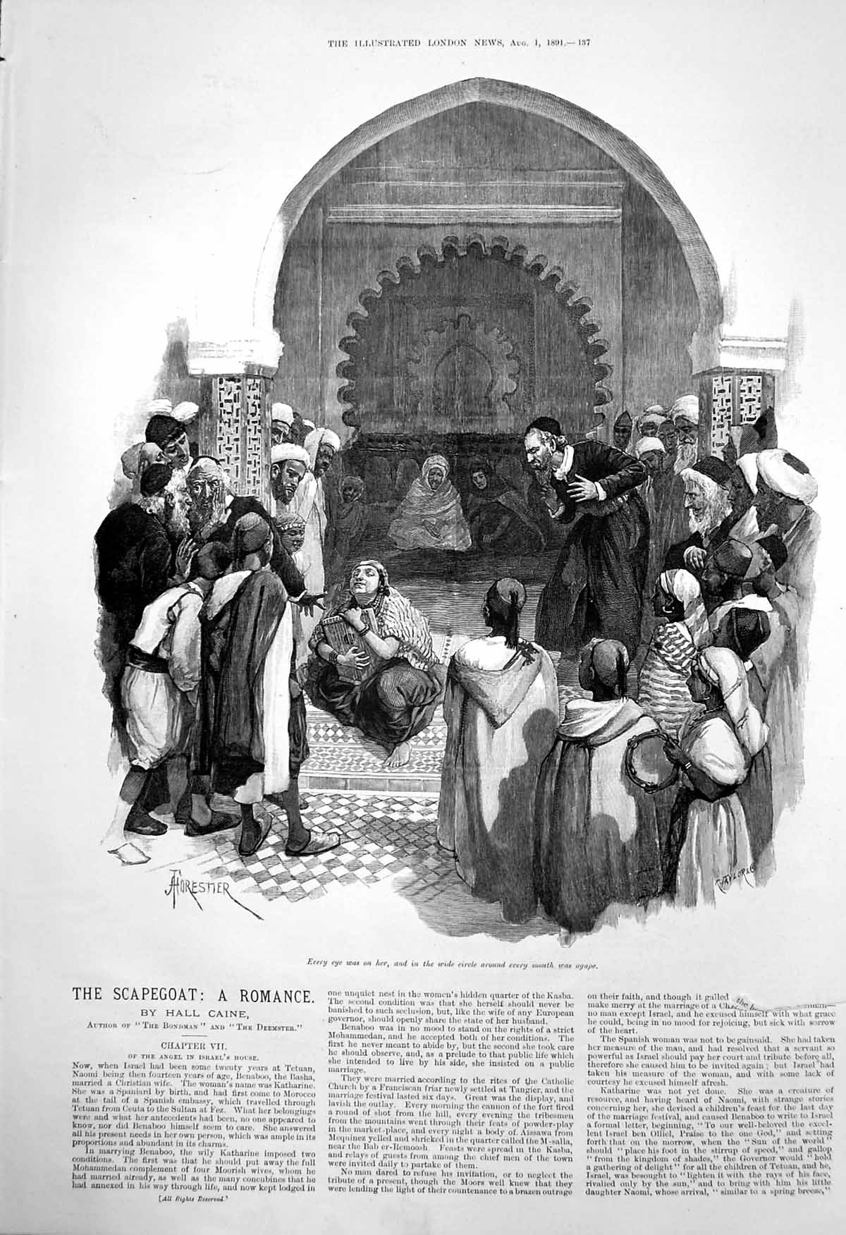 Old Antique Print Scapegoat Hall Caine Every Eye Woman Mouths Agape 1891 19th
