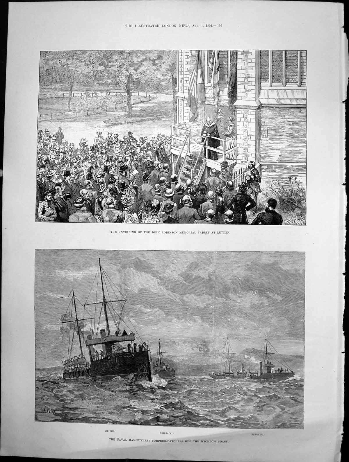 Antique Old Print John Robinson Memorial Leyden Torpedo Catchers Wicklow 1891